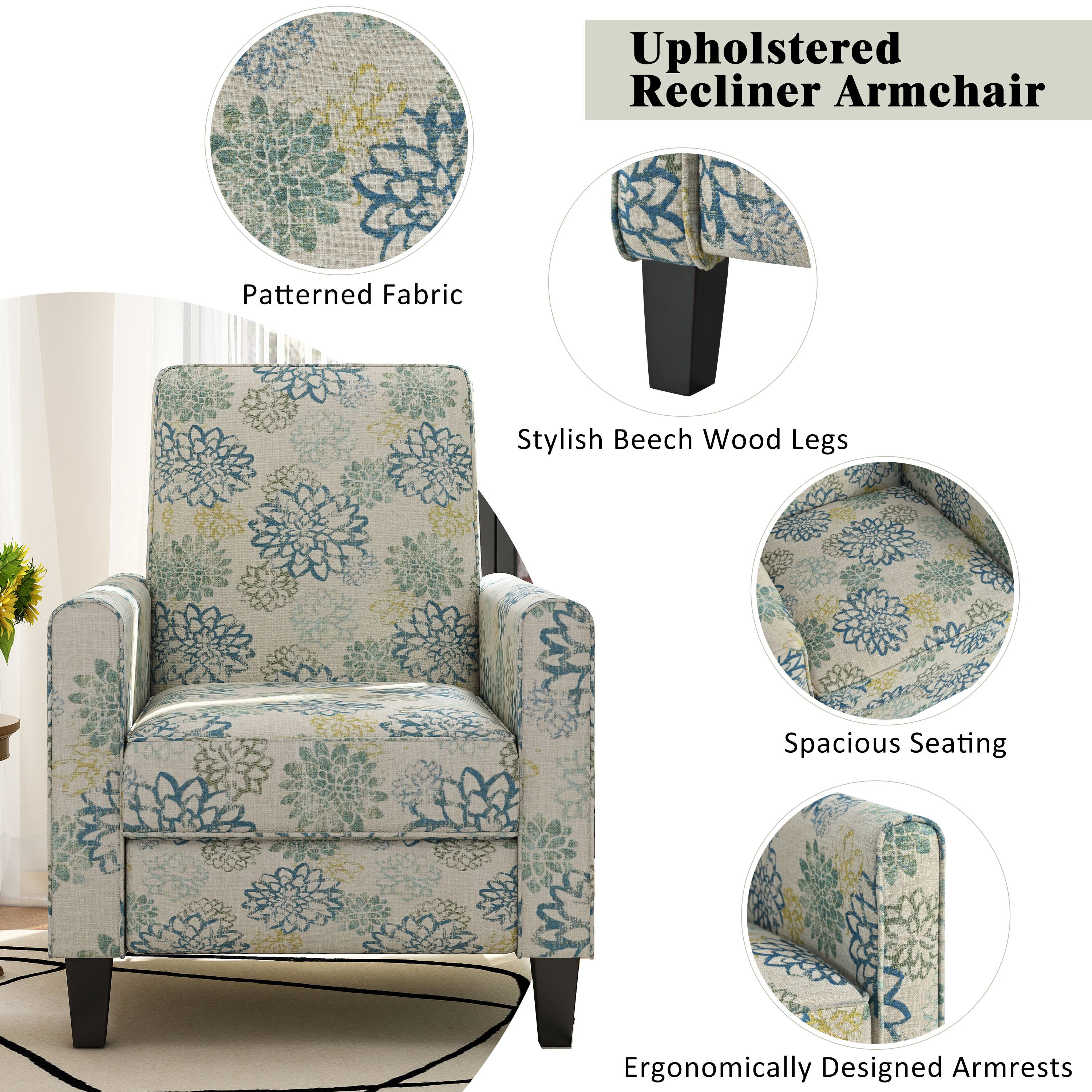 Upholstered Recliner Armchair

- Patterned Fabric
- Stylish Beech Wood Legs
- Spacious Seating
- Ergonomically Designed Armrests