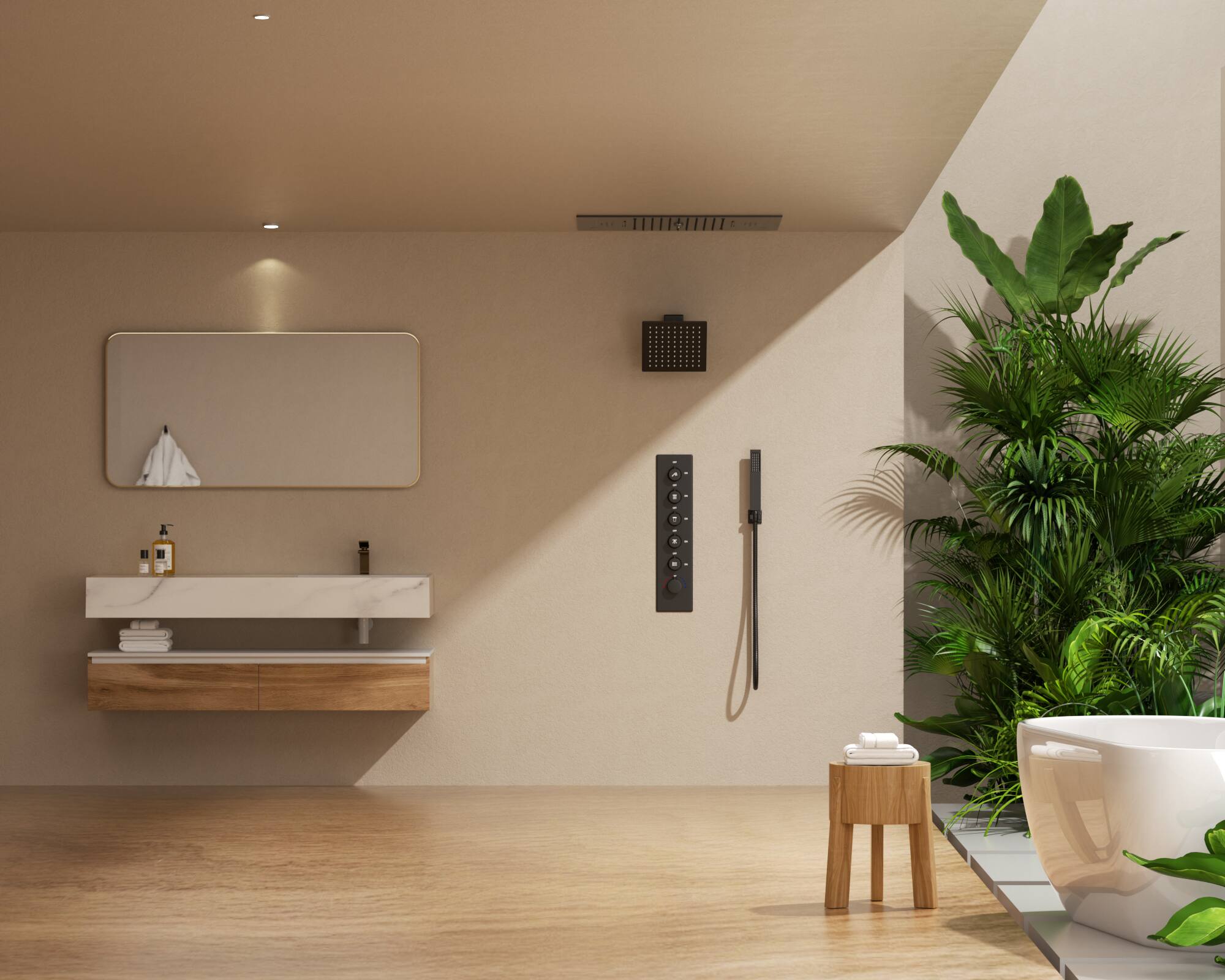 Left. GRANDJOY - Luxury LED Music Smart Shower System with Thermostatic Control and 5-Function Rainfall Waterfall Mist - Matte Black.