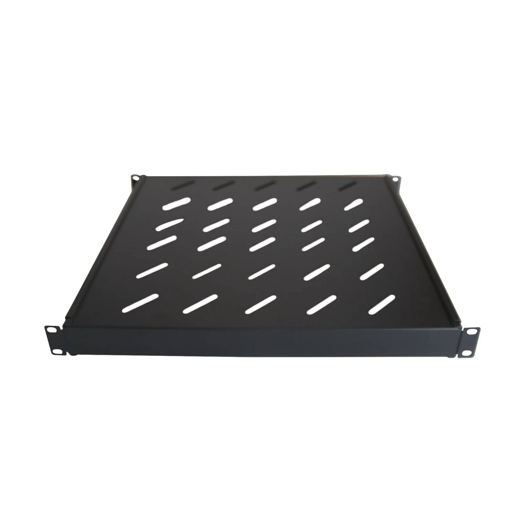 Left. Cables Direct Online - 1U 19" 4-Post Fixed Vented Server Shelf Rack Mount, Adjustable 17in-33in, 40 lb Capacity - Black.