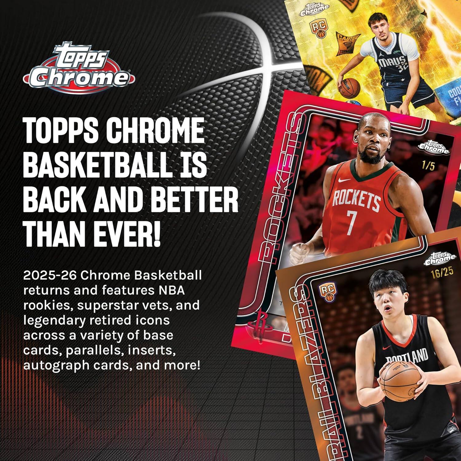 Topps Chrome Basketball is back and better than ever!  
2025-26 Chrome Basketball returns and features NBA rookies, superstar vets, and legendary retired icons across a variety of base cards, parallels, inserts, autograph cards, and more!  
Portland Trail Blazers