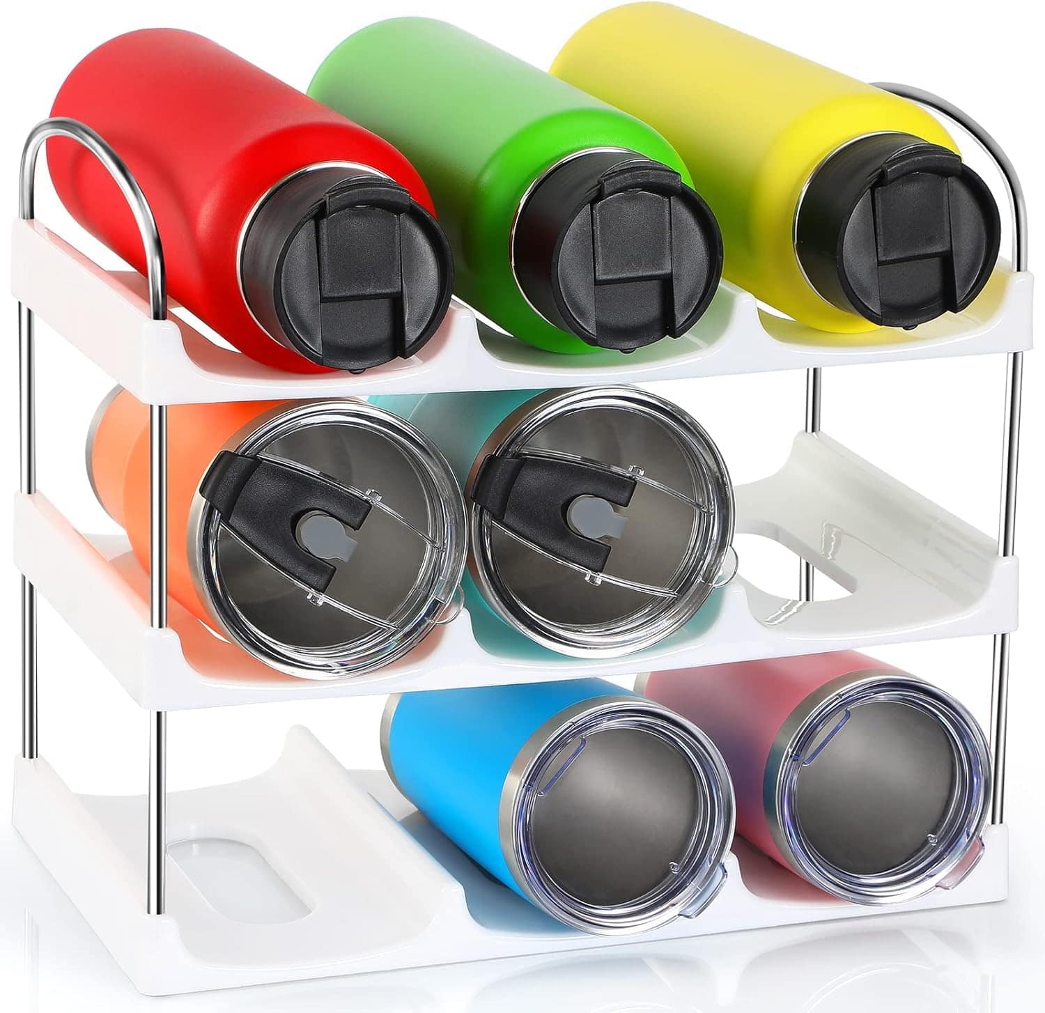 Cedar Assembly - LARGER Compartment - 3 Tier Stackable Water Bottle Organizer Holder - for Stanley Others Tumbler - Clear - White 3 Tier - Hold 9