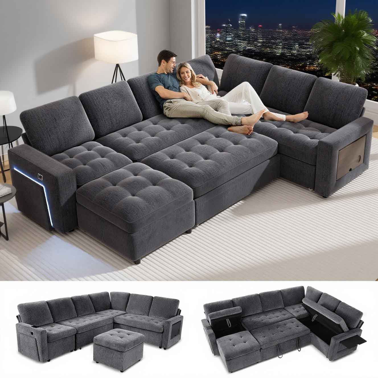 Front. Vipbear - Vipbear 7-Seat Modular Sectional Sleeper Sofa with Pull-Out Bed, Reclining Backrest, USB Ports, Table, LED Lights,Gray - Gray.