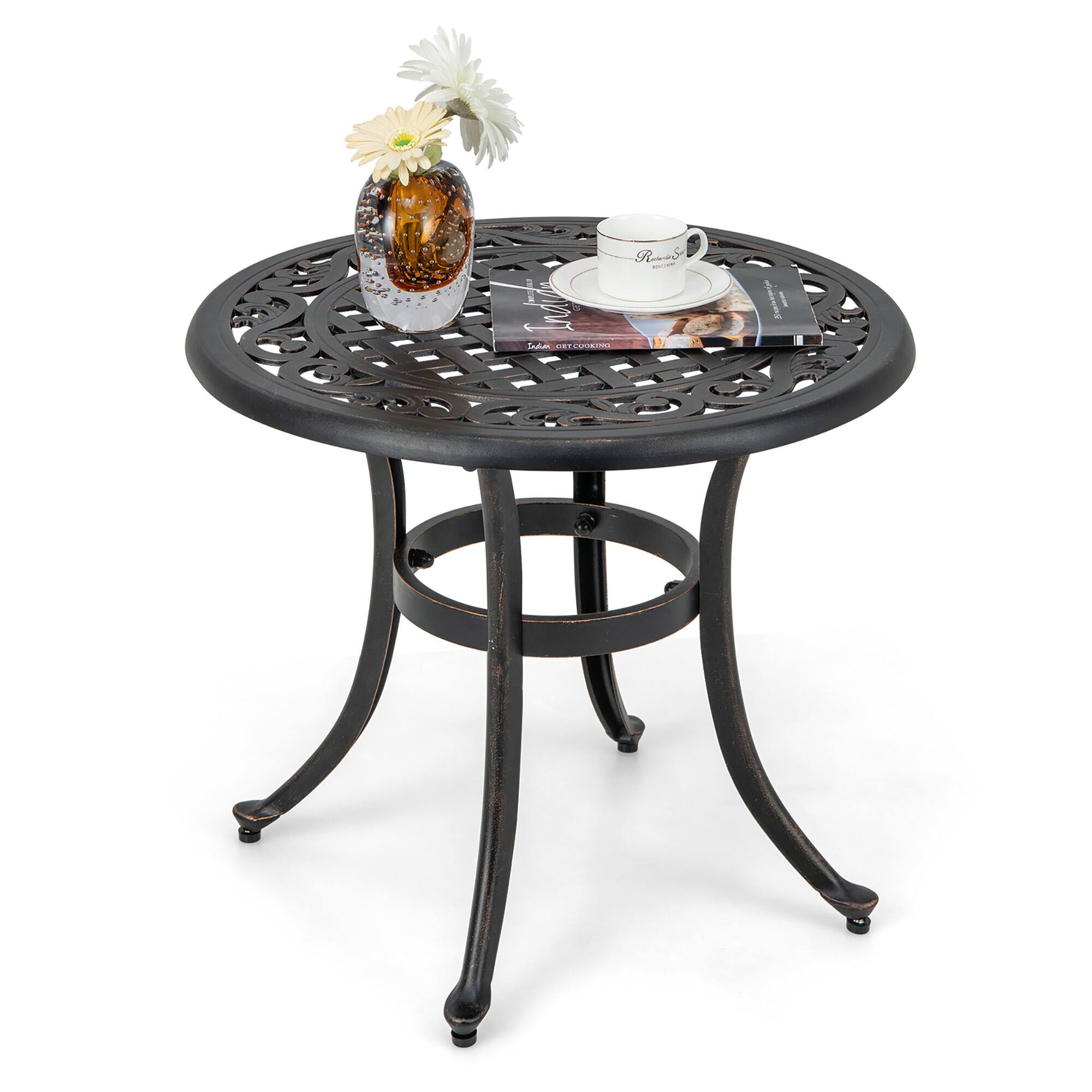 Gymax - Cast Aluminum Patio Table 24''Outdoor Round Side Table Anti-Rust Coffee Bistro Table - Antique Brown