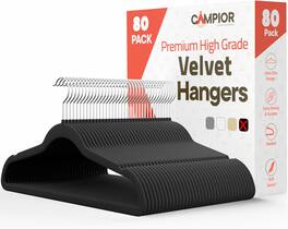 Campior - Velvet Hangers – 80-Pack, 360° Swivel Hook, Non-Slip, Space-Saving, Holds 11 lbs, Smooth Finish - Black