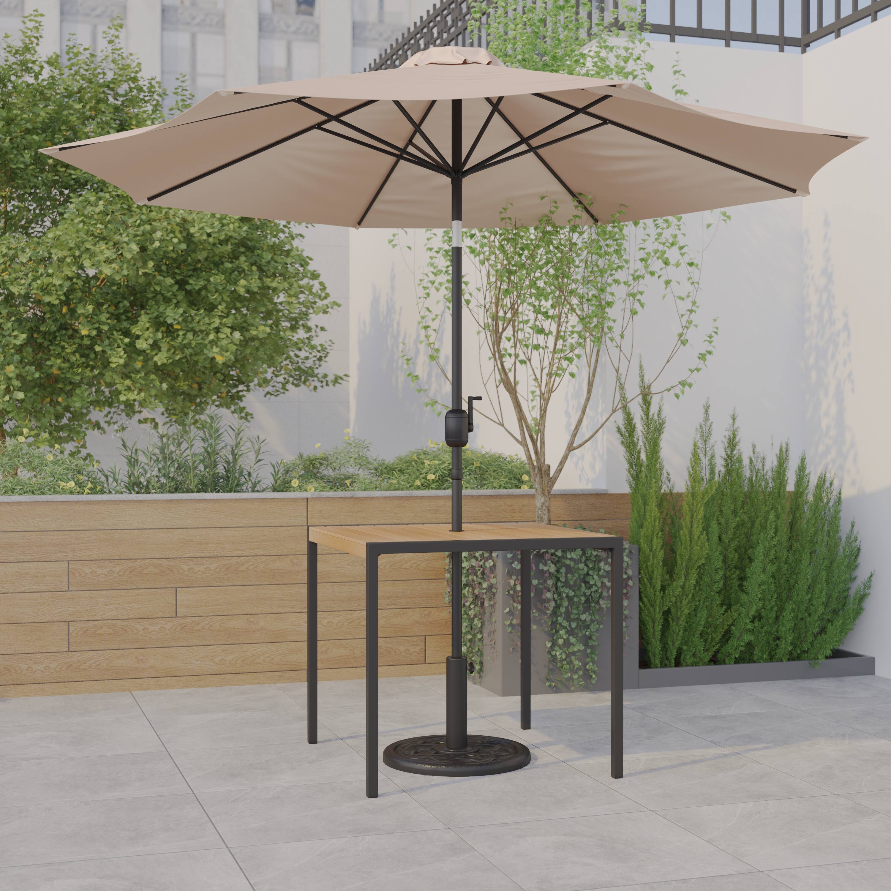 Alt View 1. Emma + Oliver - 3 Piece Patio Table Set - Synthetic Faux Teak Dining Table with Umbrella Hole & Umbrella with Weighted Base - Tan.