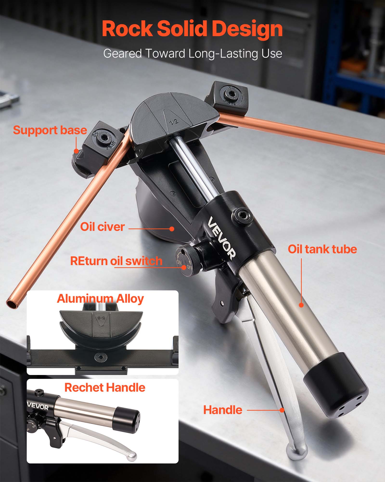 Rock Solid Design  
Geared Toward Long-Lasting Use  

- Support base  
- Oil civer  
- Return oil switch  
- Oil tank tube  
- Aluminum Alloy  
- Ratchet Handle  
- Handle