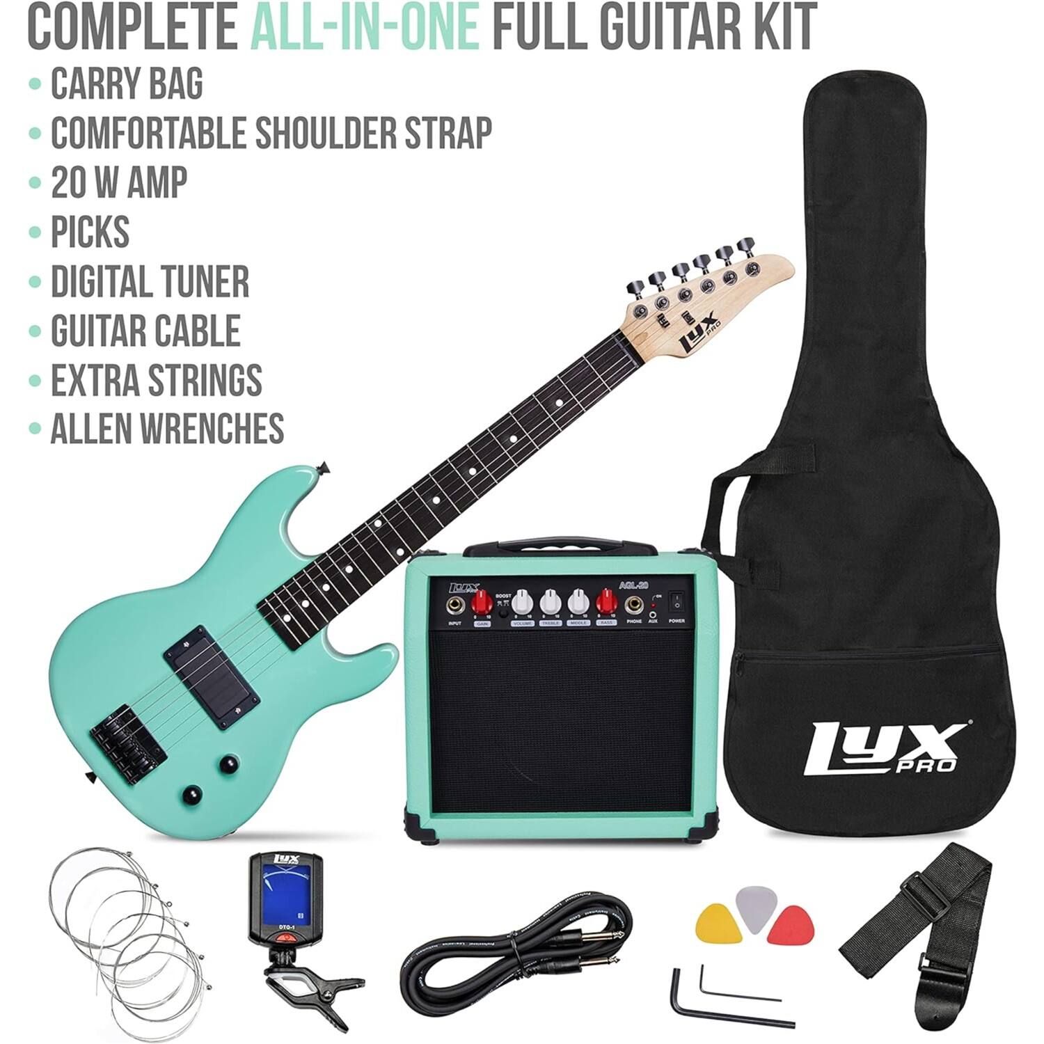 COMPLETE ALL-IN-ONE FULL GUITAR KIT
CARRY BAG
COMFORTABLE SHOULDER STRAP
20 W AMP
PICKS
DIGITAL TUNER
GUITAR CABLE
EXTRA STRINGS
ALLEN WRENCHES
LYX PRO