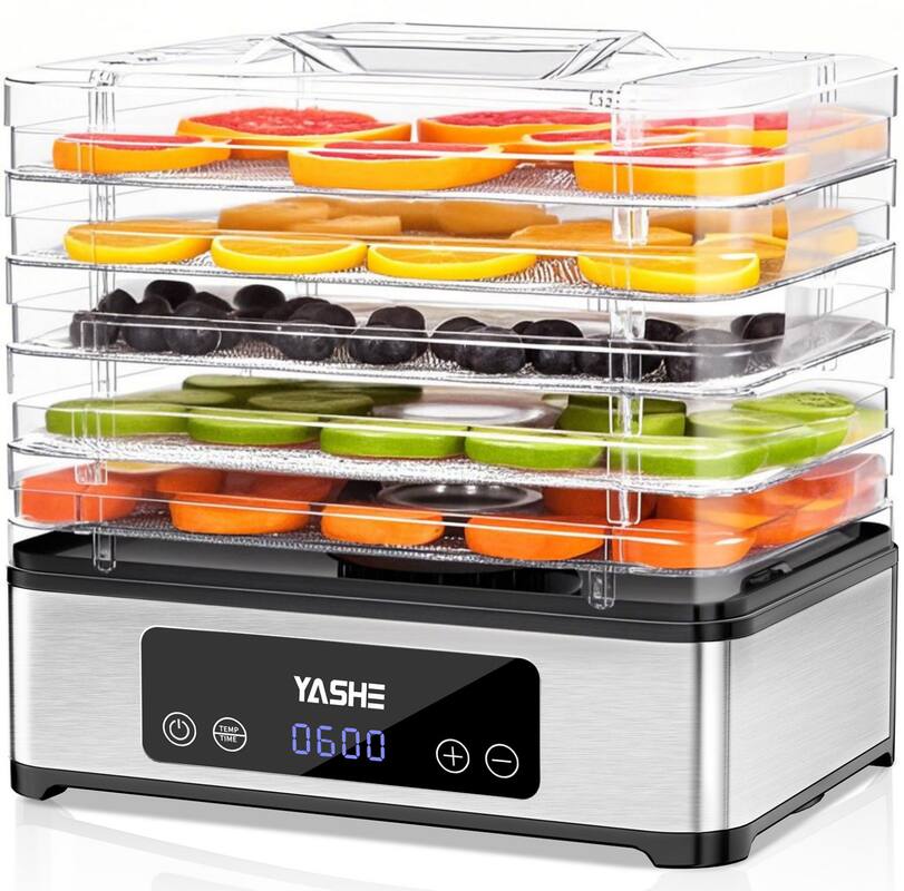 YASHE - 5 Stainless Steel Trays Food Dehydrator, 48H Timer, Temp Control, 420W, Includes Recipe, for Jerky, Fruits, Dog Treats - Silver