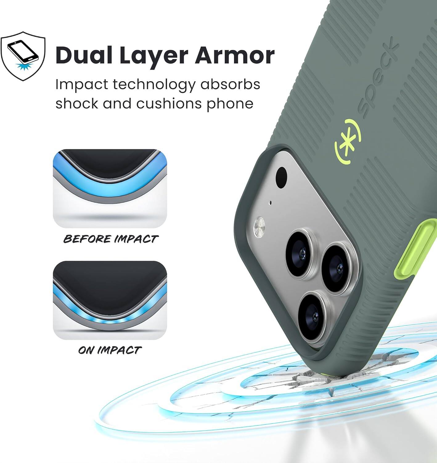 Dual Layer Armor  
Impact technology absorbs shock and cushions phone  

BEFORE IMPACT  
ON IMPACT