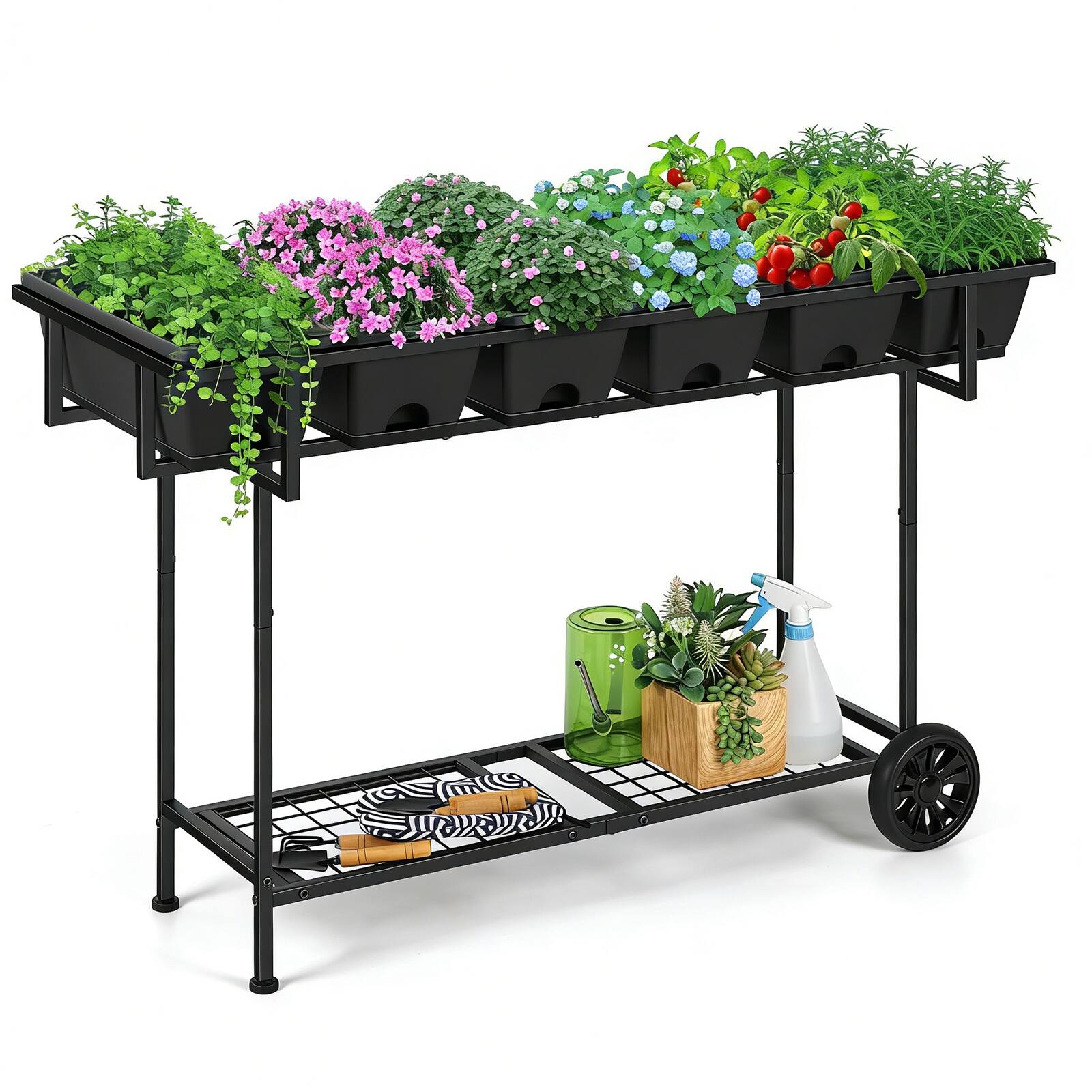 Alt View 2. Oumilen - Raised Garden Bed With 6-Pack Planter Boxes, Mobile Elevated Stand on Wheels & Storage Shelf for Veggies & Herbs.