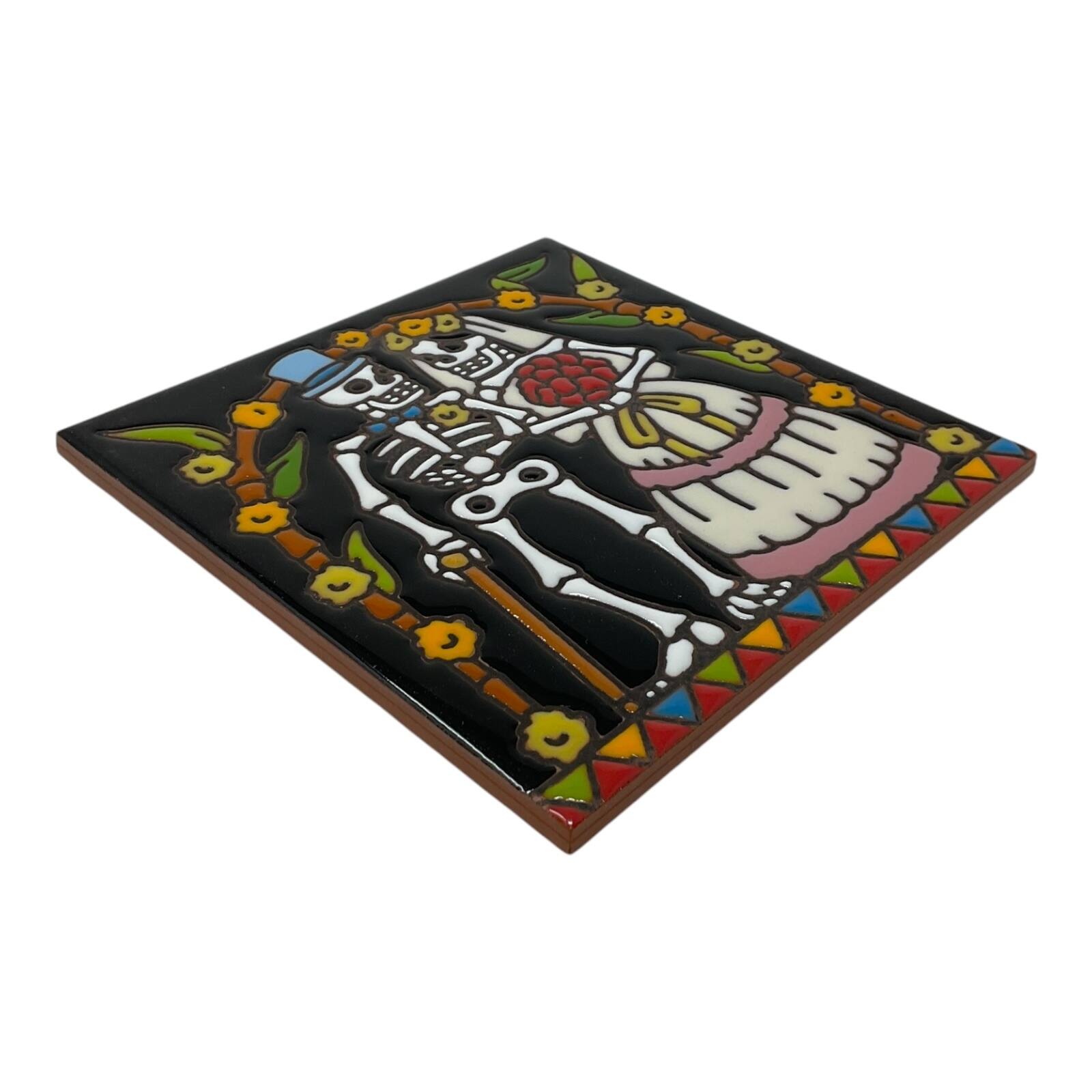 Left. Earthtones Tile - Earthtones Day of the Dead Wedding Couple 6X6 Hand Glazed Decorative Tile or Kitchen Trivet - Multicolor.