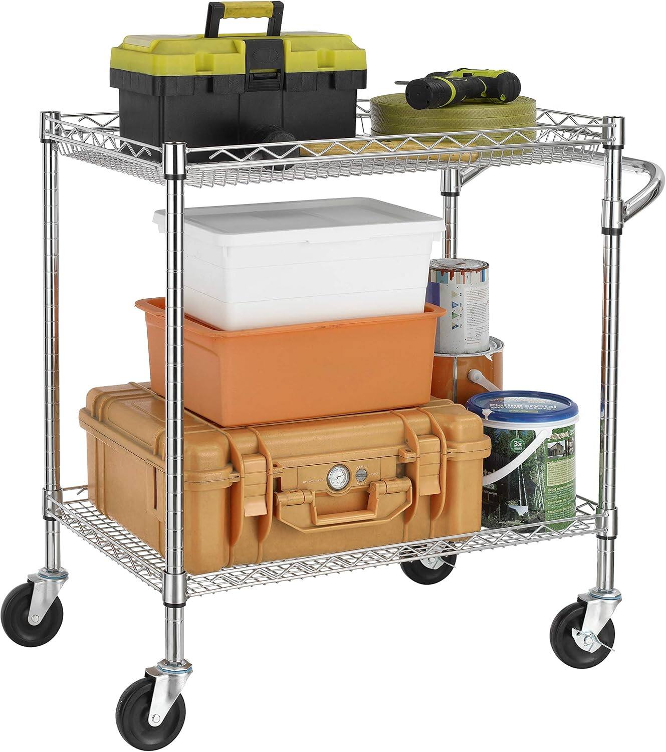 Alt View 3. Finnhomy - Finnhomy 3-Tier Heavy Duty Utility Cart with Wood Top – NSF Listed Steel Rolling Cart with Handle, 500 lb Capacity - Chrome.