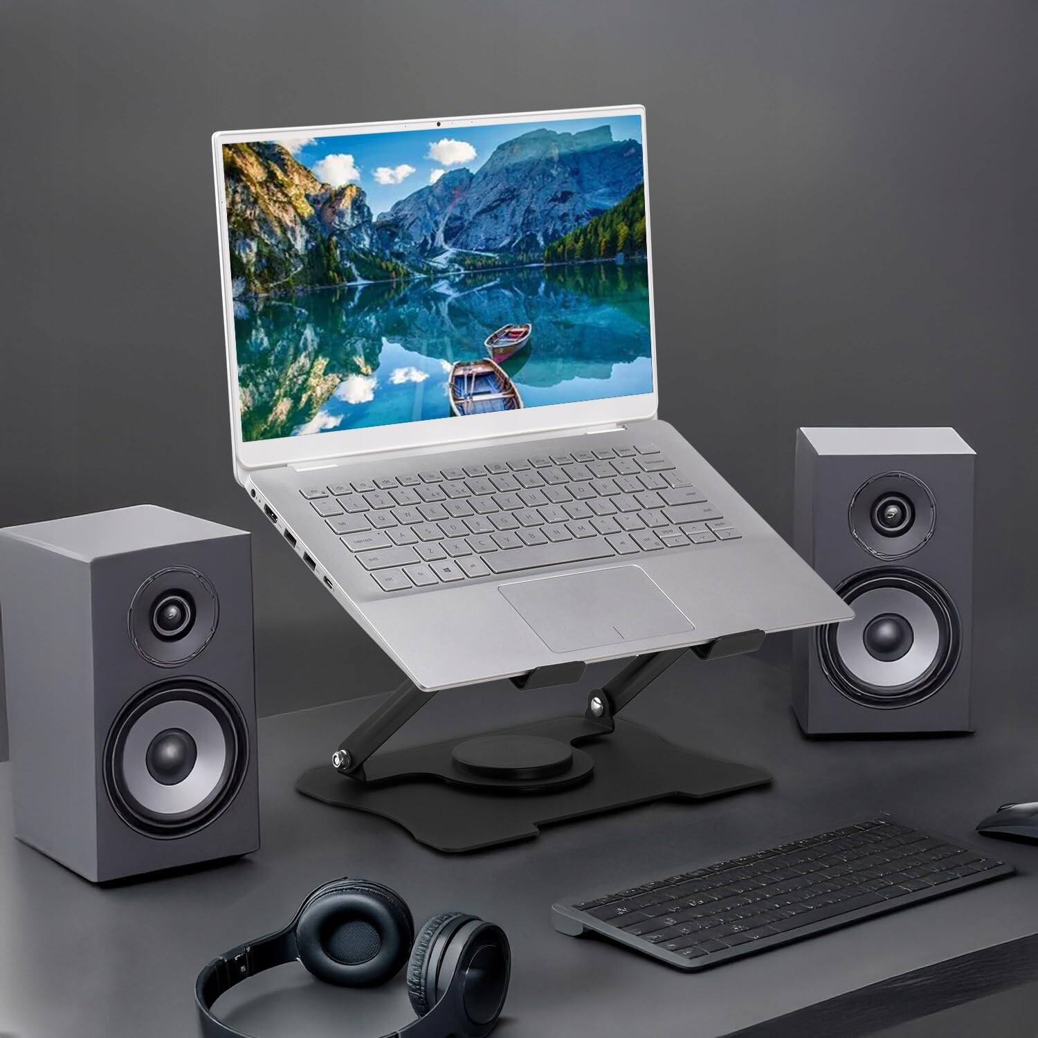 Alt View 3. HongFei - Adjustable Laptop Stand, Portable 360° Rotating & Foldable Metal Laptop Riser, Travel Stand for 10-16" Notebooks - Black.