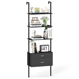 Pefilos - 6-Tier Ladder Bookcase - Metal Frame Raised Legs, 2 Drawers Home Office Organizer - Black