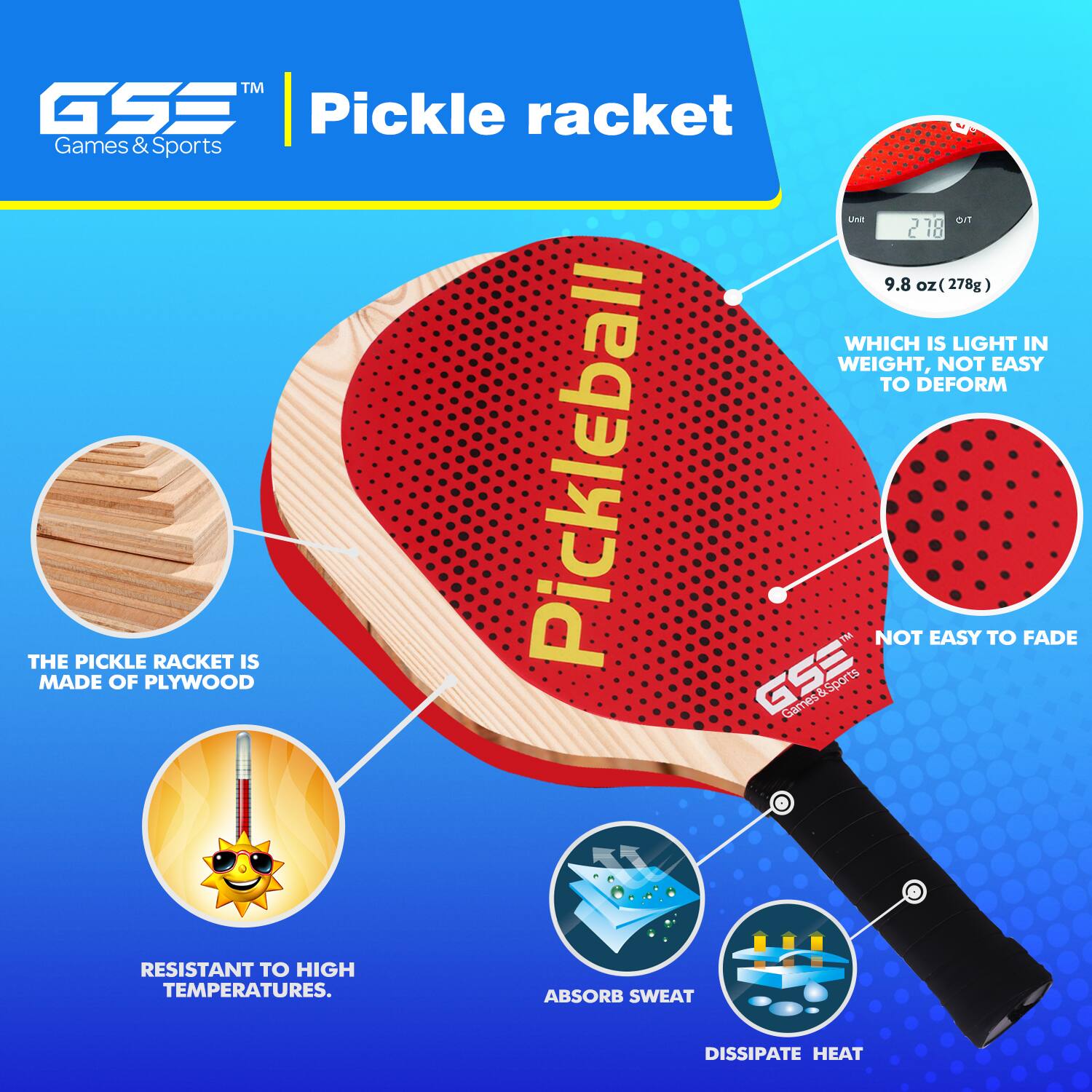 GSS Games & Sports, Pickle racket, 9.8 oz (278g), WHICH IS LIGHT IN WEIGHT, NOT EASY TO DEFORM, THE PICKLE RACKET IS MADE OF PLYWOOD, RESISTANT TO HIGH TEMPERATURES, ABSORB SWEAT, DISSIPATE HEAT, NOT EASY TO FADE
