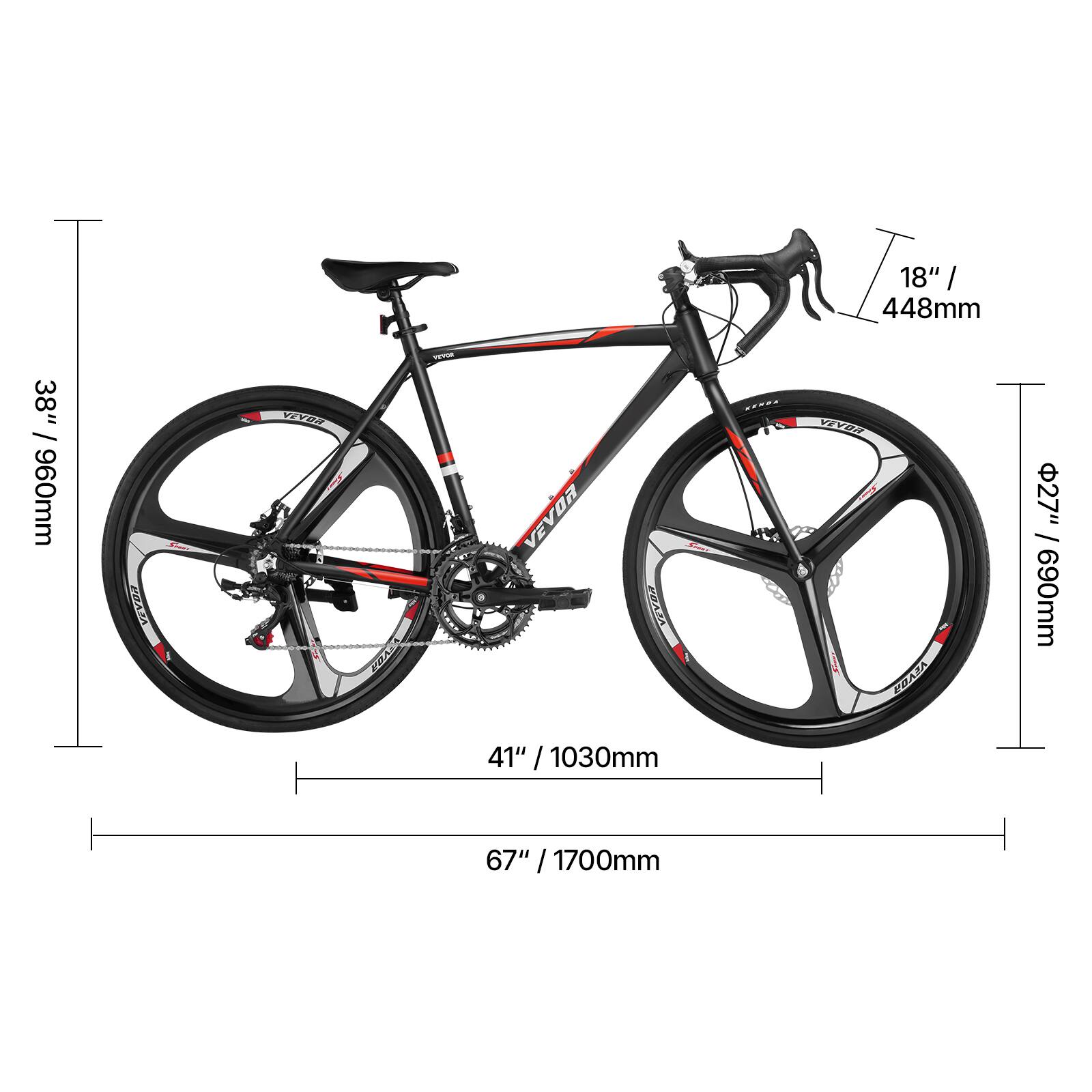 - 38" / 960mm
- 18" / 448mm
- 41" / 1030mm
- 67" / 1700mm
- 690mm