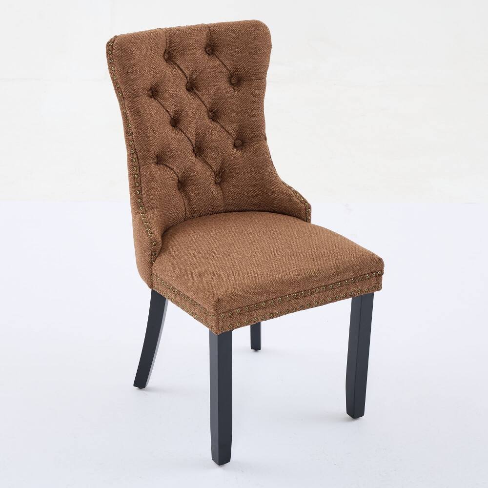 Back. Loheer - Loheer Tufted Linen Dining Chairs Set of 2 Coffee Solid Wood Upholstered Nailhead Trim Mid-Century Modern High Back - Coffee.