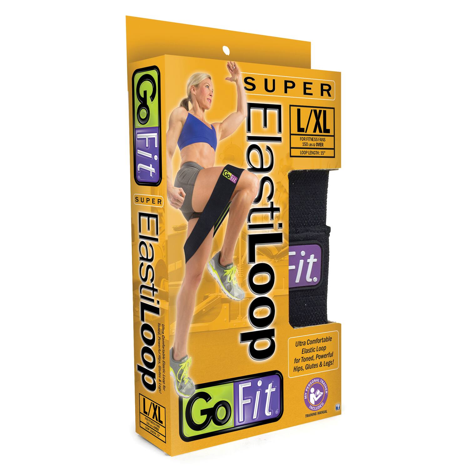 SUPER Go Fit Elastic Loop L/XL  
FOR FITNESS OVER 150 LBS  
LOOP LENGTH: 15"  
Ultra Comfortable Elastic Loop for Toned, Powerful Hips, Glutes & Legs!  
Go Fit