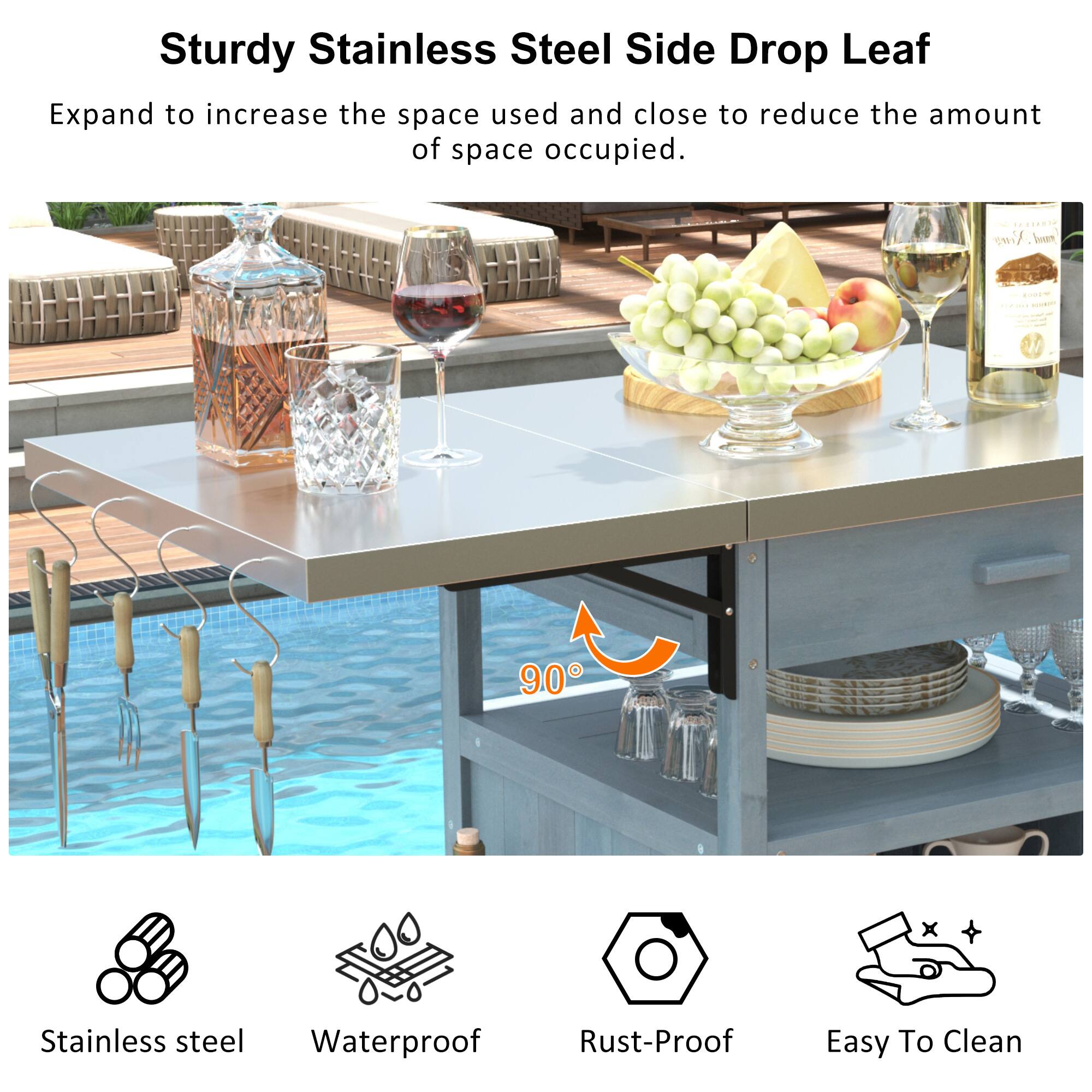 Sturdy Stainless Steel Side Drop Leaf

Expand to increase the space used and close to reduce the amount of space occupied.

- Stainless steel
- Waterproof
- Rust-Proof
- Easy To Clean