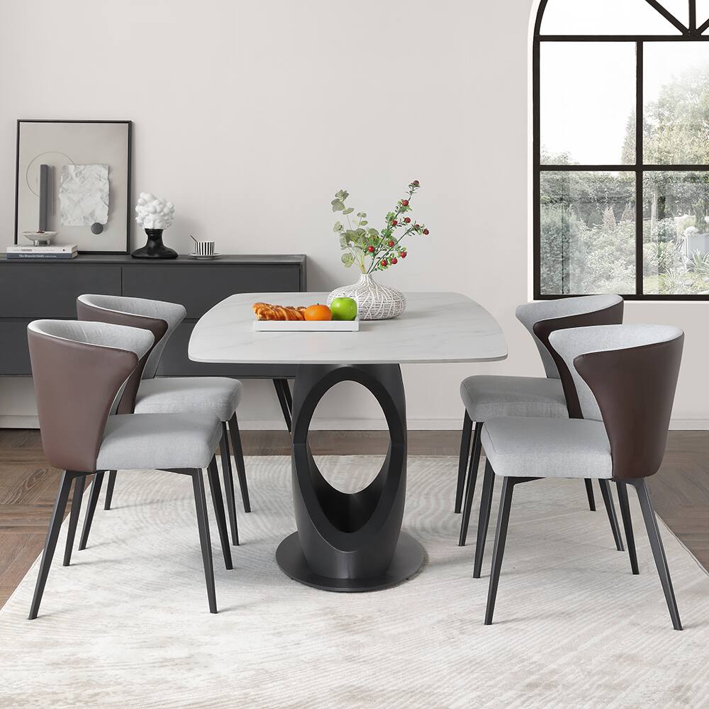 Alt View 2. POVISON - 71"Modern White Dining Table for 6 (In Stock), Matte Sintered Stone Tabletop, Solid Black Carbon Steel Base - White & Black.