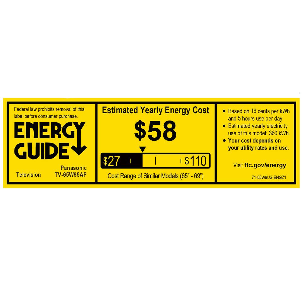 Federal law prohibits removal of this label before consumer purchase.

**ENERGY GUIDE**

Panasonic  
Television  
TV-65W95AP

**Estimated Yearly Energy Cost**  
$58

Cost Range of Similar Models (65" - 69")  
$27 | $110

Based on 16 cents per kWh and 5 hours use per day  
Estimated yearly electricity use of this model: 360 kWh  
Your cost depends on your utility rates and use.

Visit ftc.gov/energy

71-65W9US-ENGZ1