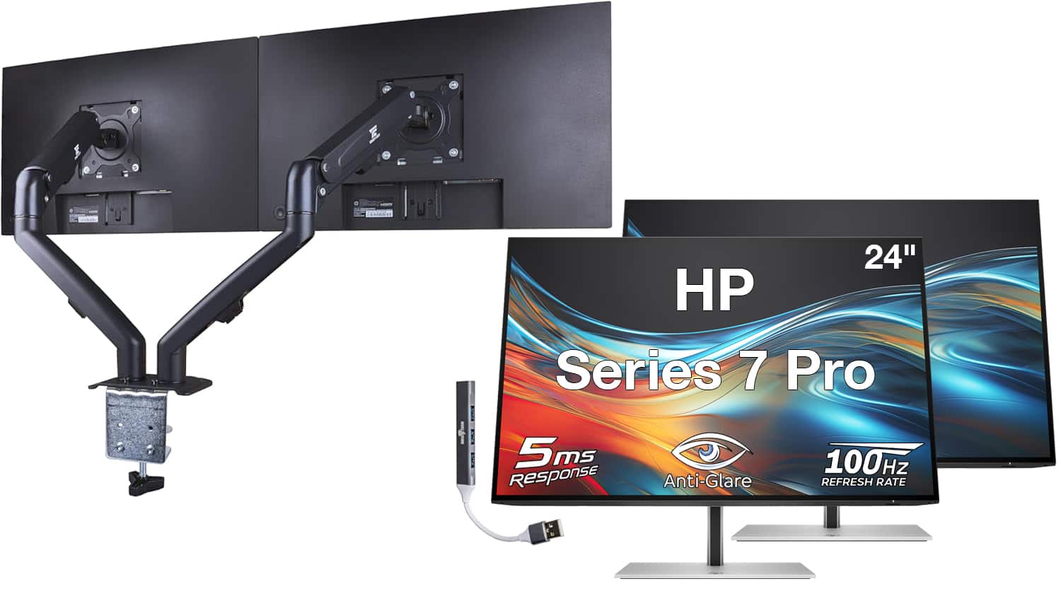 HP - Series 7 Pro 24" WUXGA IPS Monitor, 5ms Response Time, Anti-Glare, HDMI 2 Pack w/DKZ Hub & Ergoflexy Dual Mount Arms - Black/Silver
