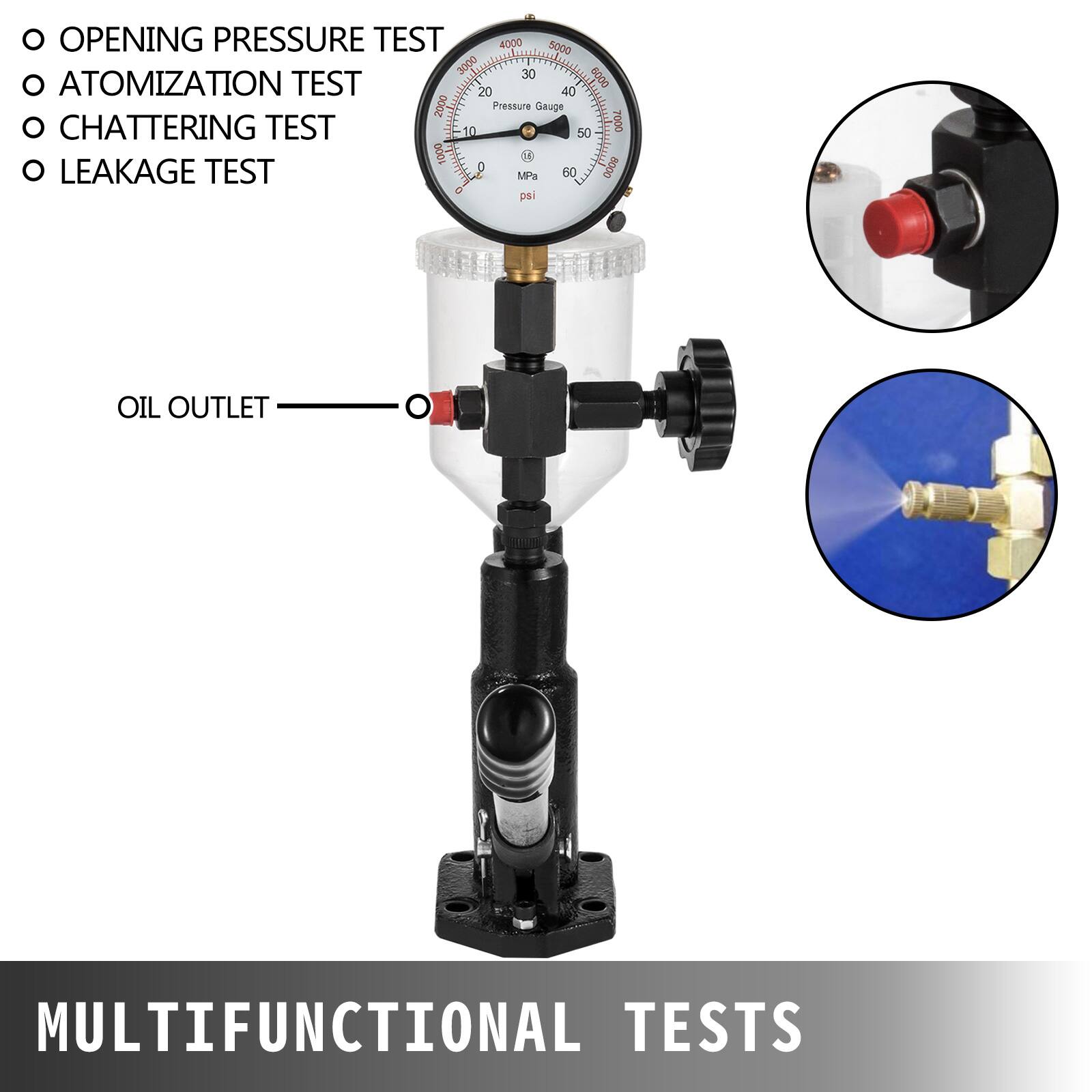 - OPENING PRESSURE TEST
- ATOMIZATION TEST
- CHATTERING TEST
- LEAKAGE TEST

OIL OUTLET

MULTIFUNCTIONAL TESTS