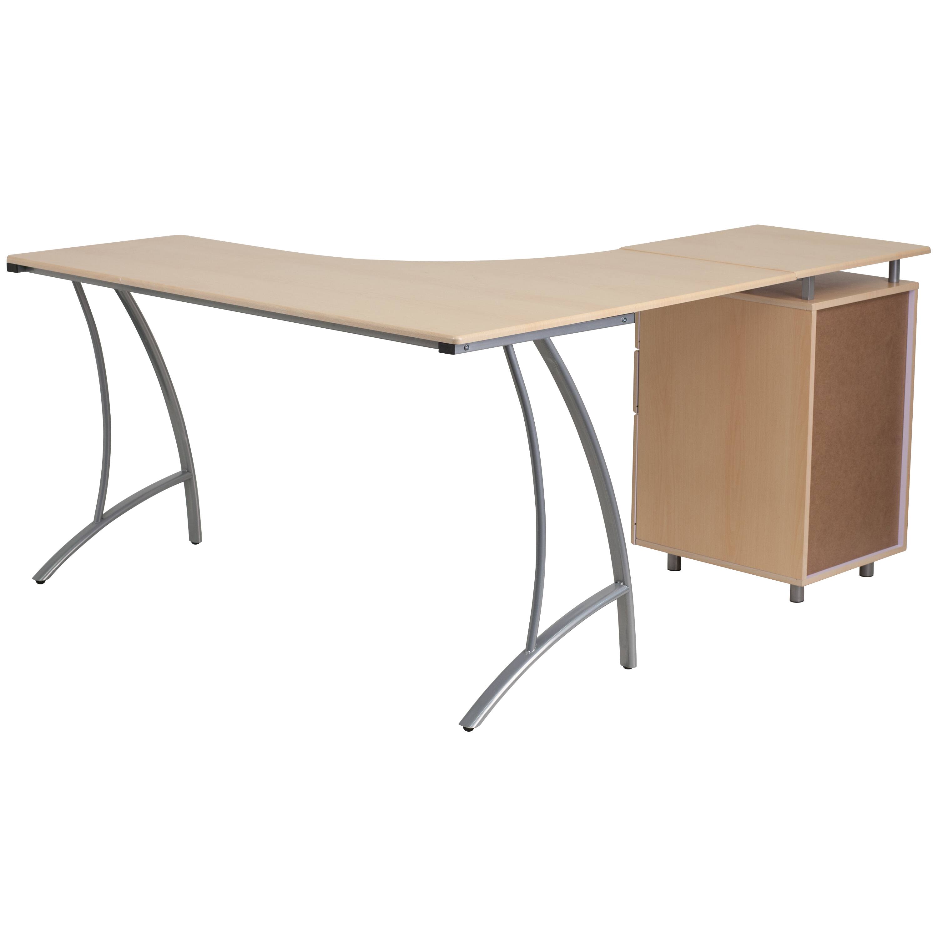 Alt View 2. Emma + Oliver - Laminate L-Shape Desk with Three Drawer Pedestal - Beech.