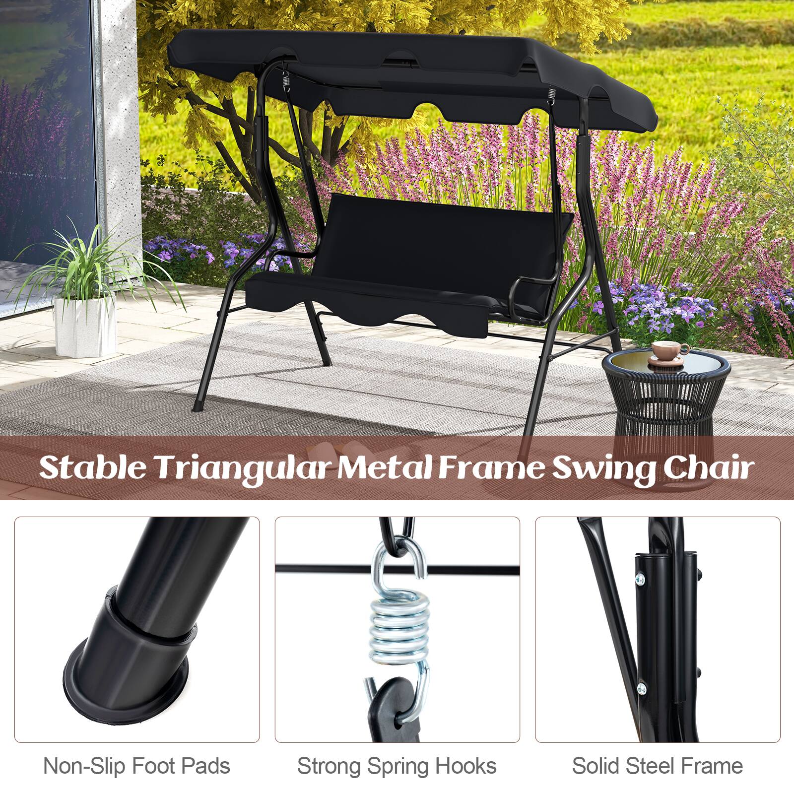Stable Triangular Metal Frame Swing Chair

- Non-Slip Foot Pads
- Strong Spring Hooks
- Solid Steel Frame