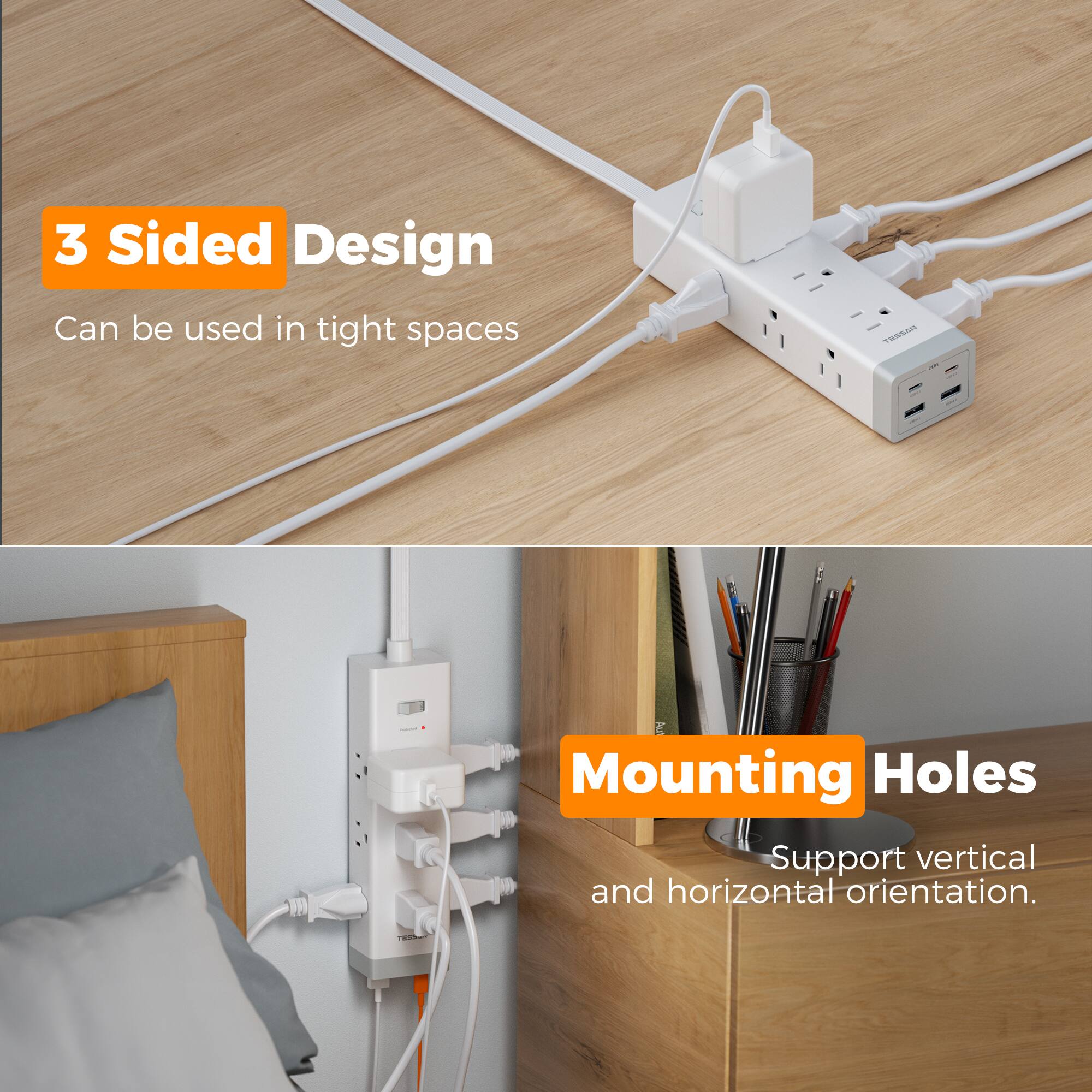 3 Sided Design  
Can be used in tight spaces  

Mounting Holes  
Support vertical and horizontal orientation.