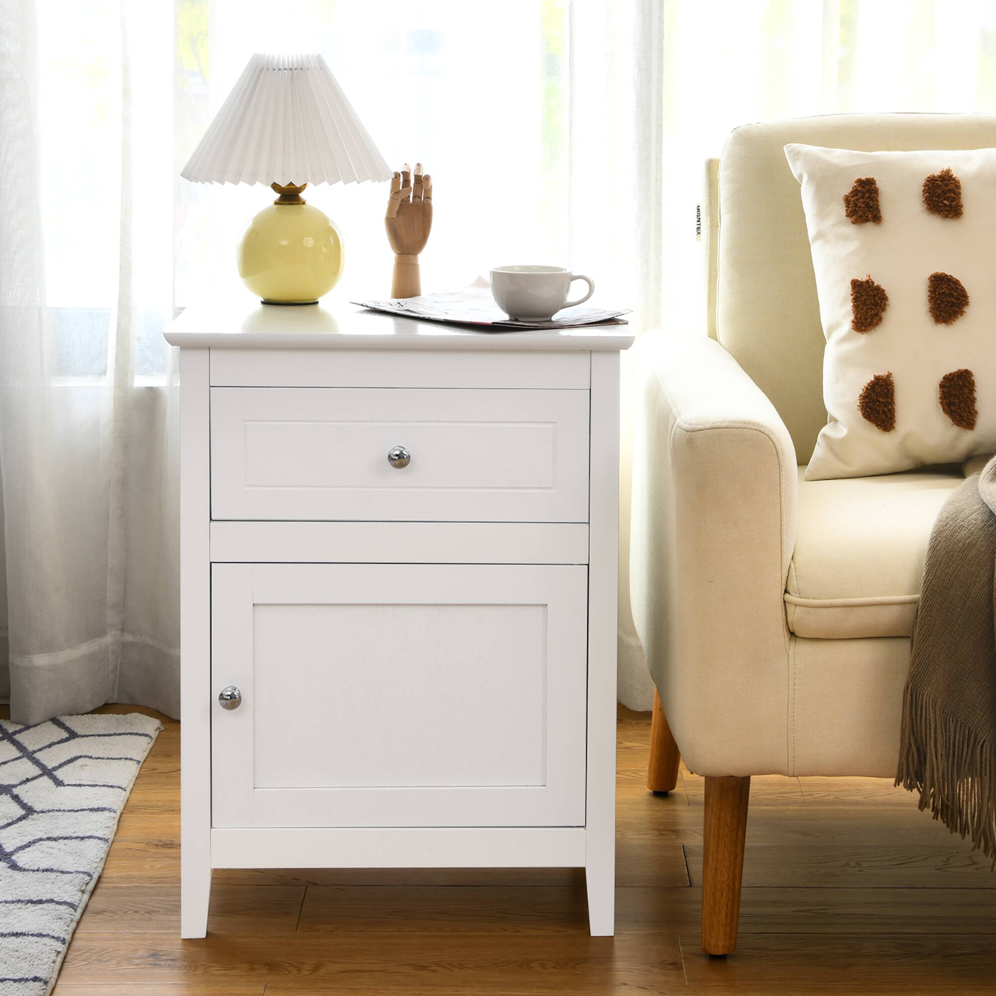 Alt View 12. Costway - Nightstand Accent Side End Table Storage Cabinet with Drawer - White.