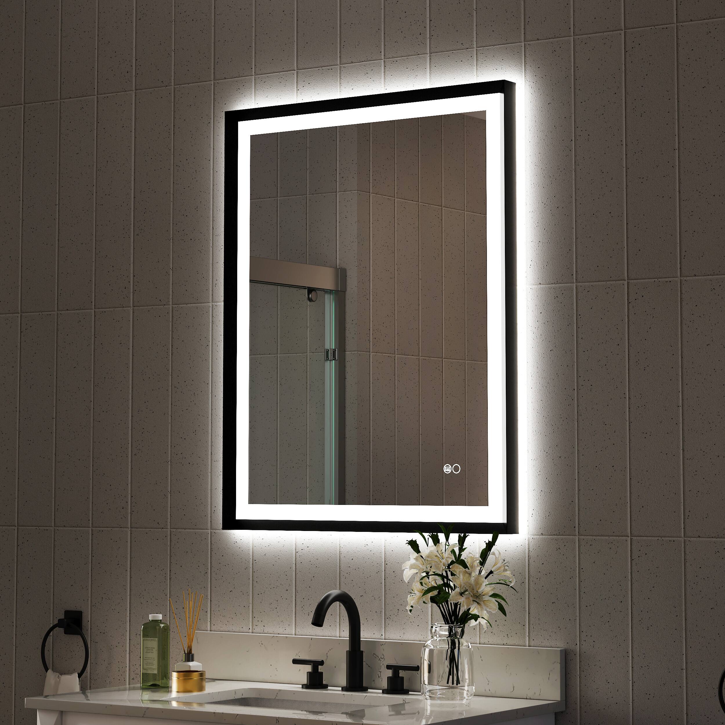 WELLFOR 28 in W x 36 in. H Rectangular Single Aluminum Framed Anti Fog ...