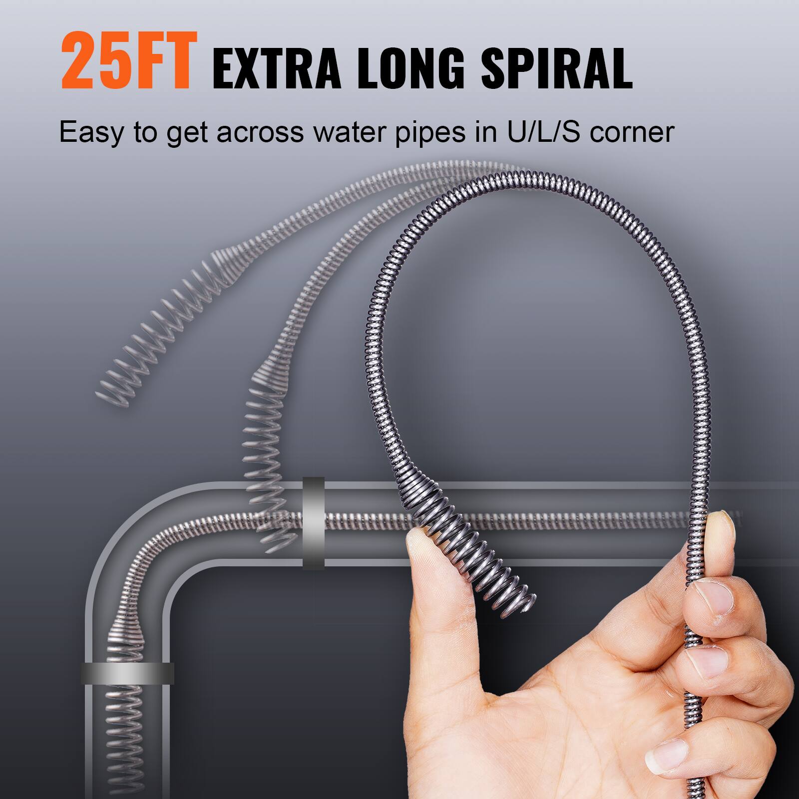 25FT EXTRA LONG SPIRAL
Easy to get across water pipes in U/L/S corner