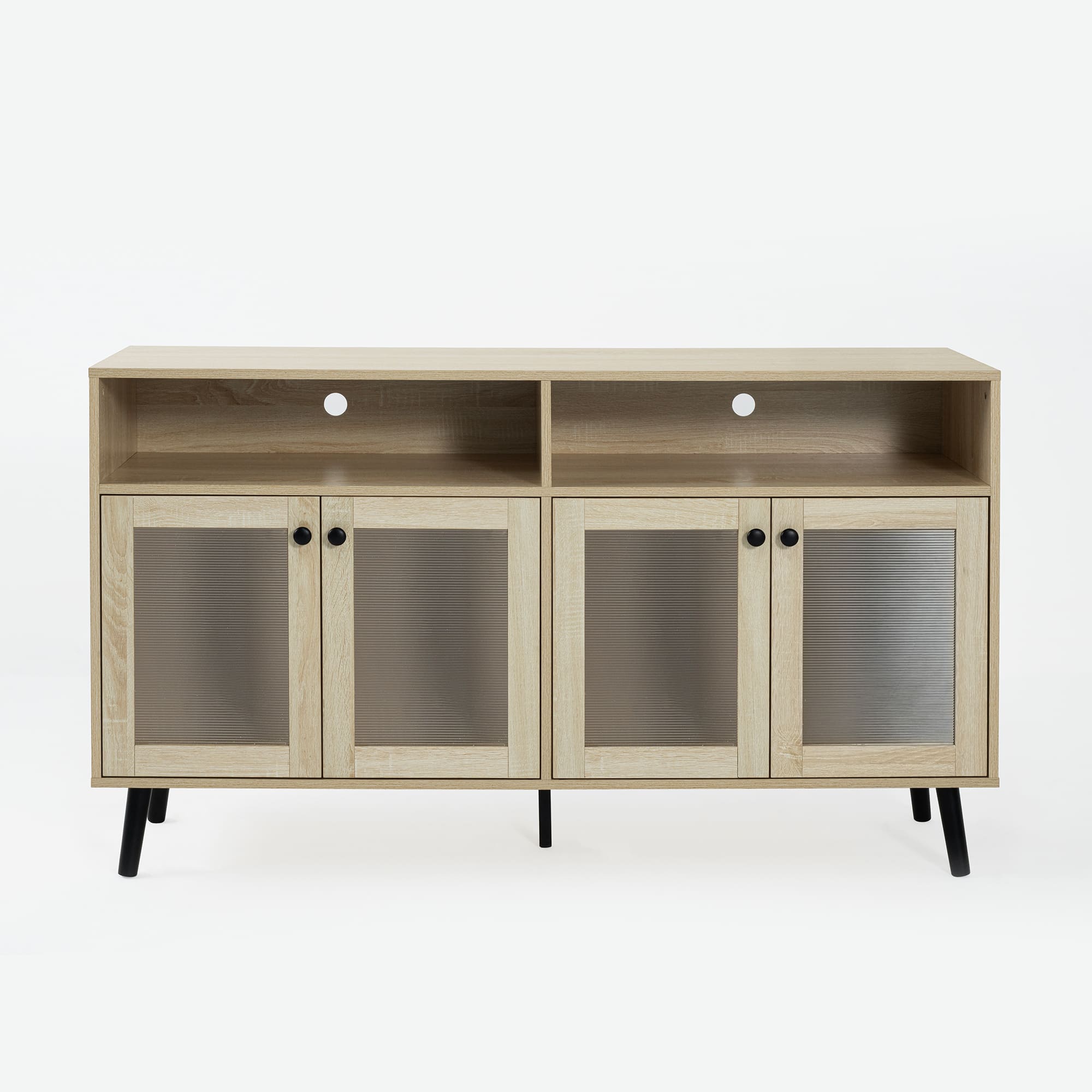 Vaczon - Modern Natural Wood TV Stand with Storage Ribbed Glass Doors and Open Shelves, Entertainment Console - Light Oak
