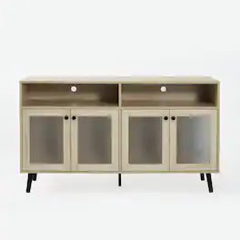 Vaczon - Modern Natural Wood TV Stand with Storage Ribbed Glass Doors and Open Shelves, Entertainment Console - Light Oak