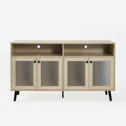 Front. Vaczon - Modern Natural Wood TV Stand with Storage Ribbed Glass Doors and Open Shelves, Entertainment Console - Light Oak.