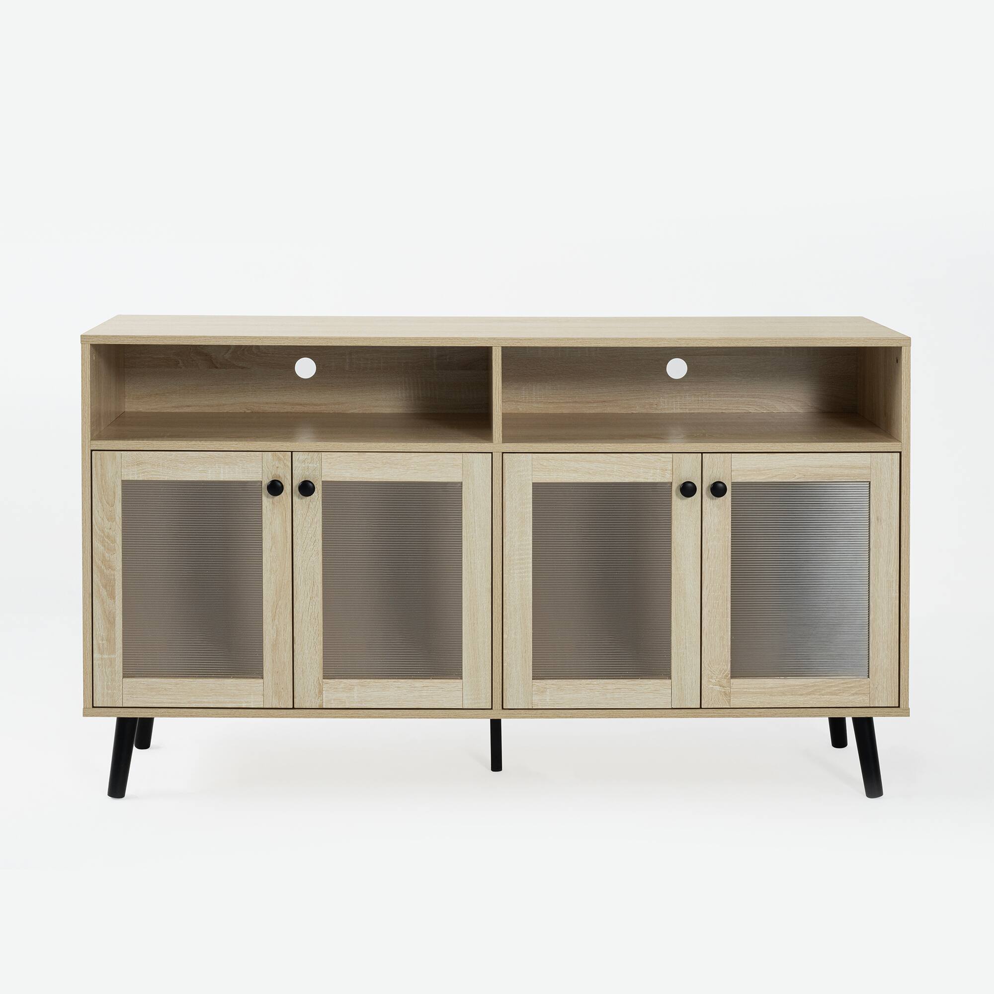 Front. Vaczon - Modern Natural Wood TV Stand with Storage Ribbed Glass Doors and Open Shelves, Entertainment Console - Light Oak.