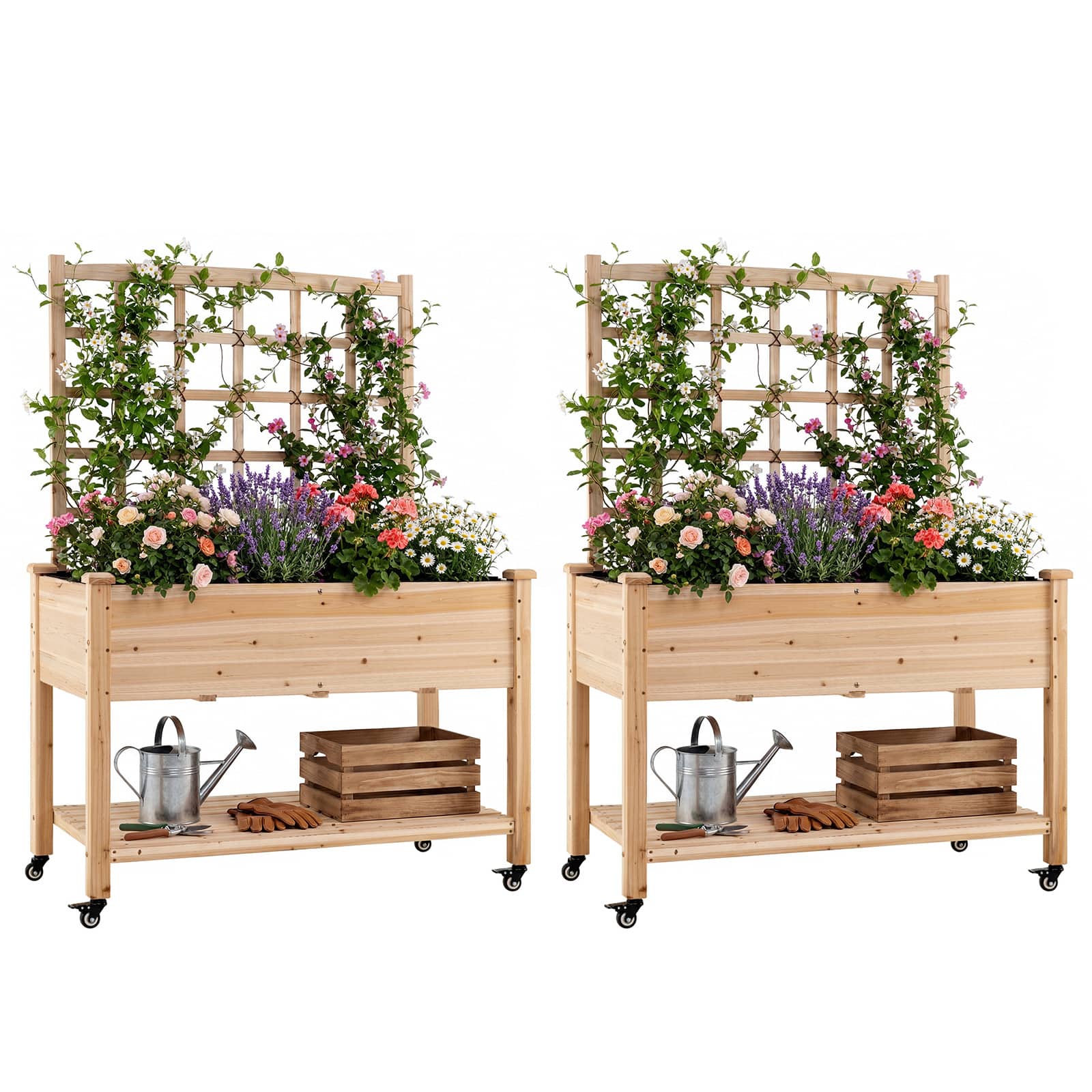 Costway - 2 PCS Wooden Raised Garden Bed with Trellis 47x23x65 in, Liner, Drainage Holes - Natural