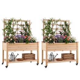 Costway - 2 PCS Wooden Raised Garden Bed with Trellis 47x23x65 in, Liner, Drainage Holes - Natural