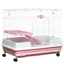 Pawhut - 2-Level Small Animal Cage Rabbit Hutch with Wheels, Removable Tray, Platform and Ramp for Bunny, Chinchillas
