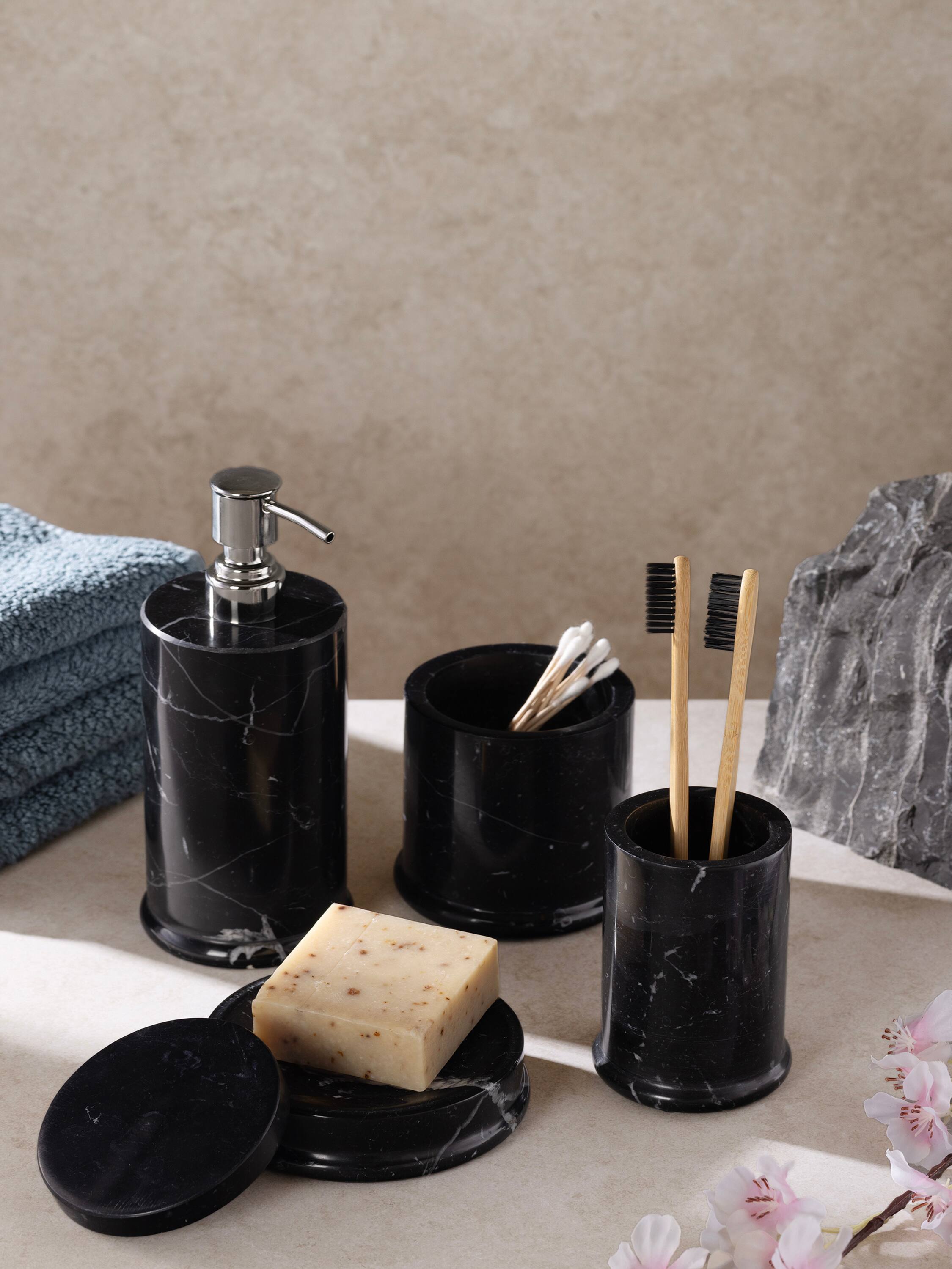 Angle. GAURI KOHLI - Marquina Bath Accessories - Shades of black with streaks of white1.