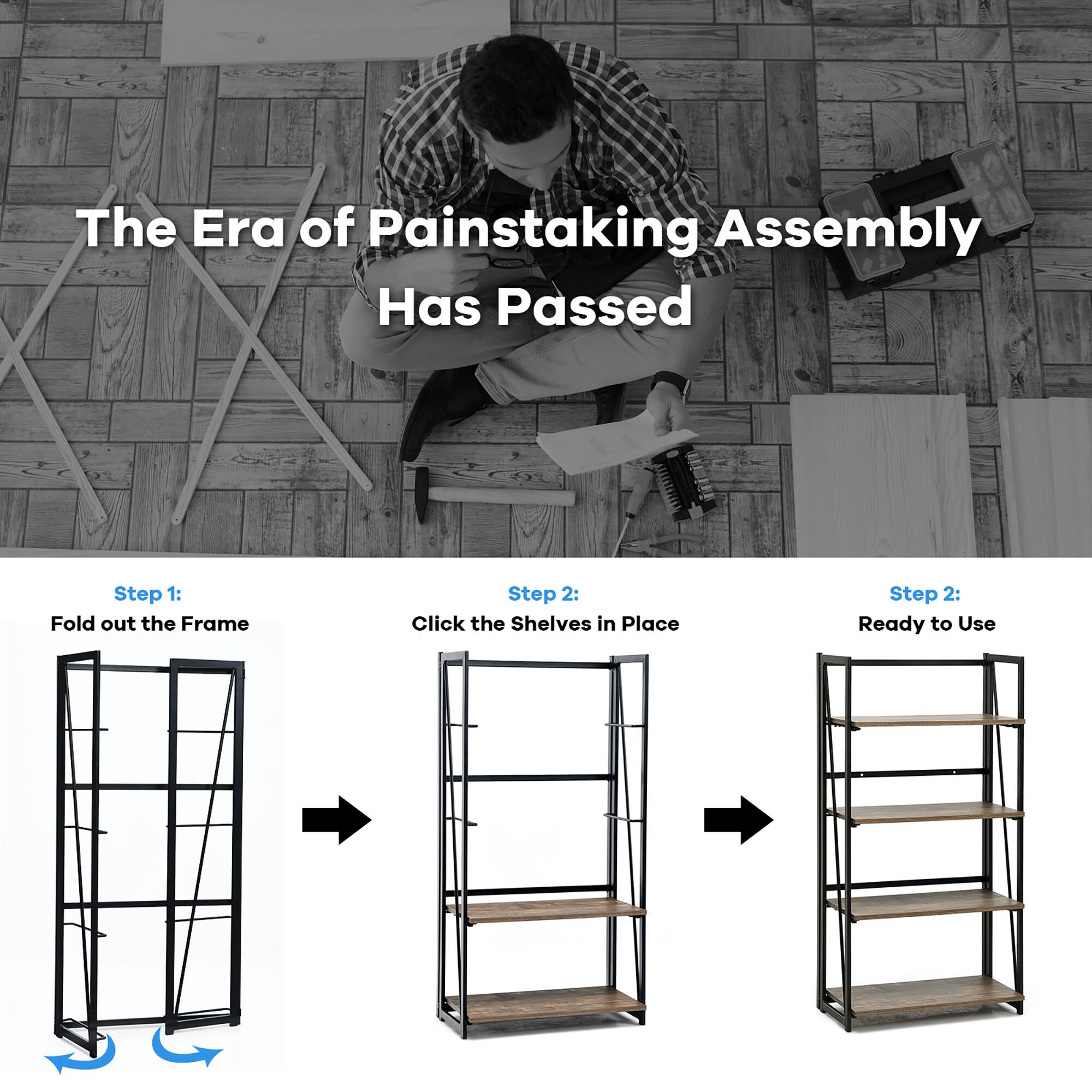 The Era of Painstaking Assembly Has Passed Step 1: Fold out the Frame Step 2: Click the Shelves in Place Step 2: Ready to Use