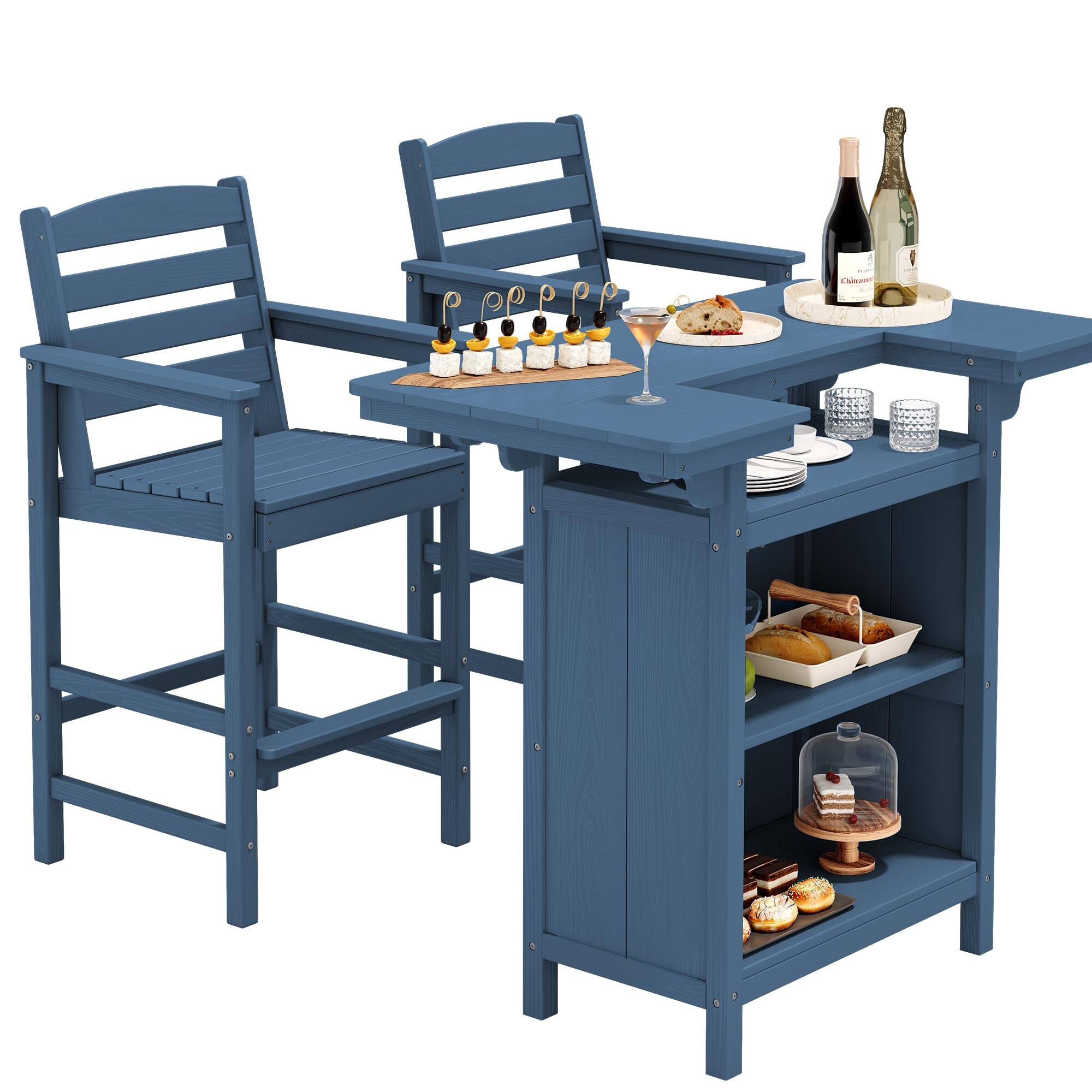 Front. SERWALL - SERWALL Bar Table Set with 2 High Bar Chairs with 4-Tier Storage,Blue - blue.