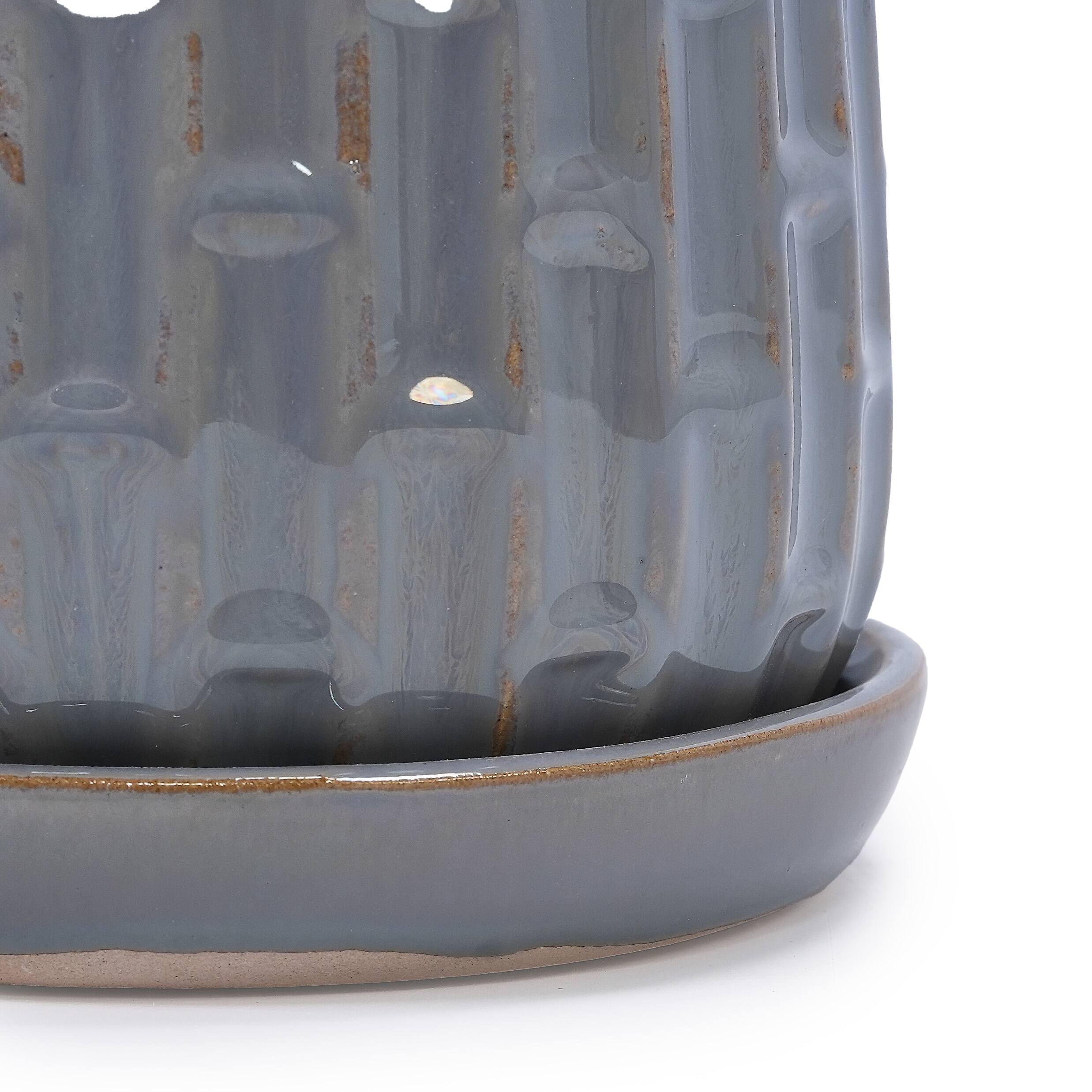 Alt View 9. Loheer - Ceramic Planter Set Loheer Handmade Gray Ribbed Clay Flower Pots with Saucers, 6in 8in Indoor Outdoor Herb Succulent.