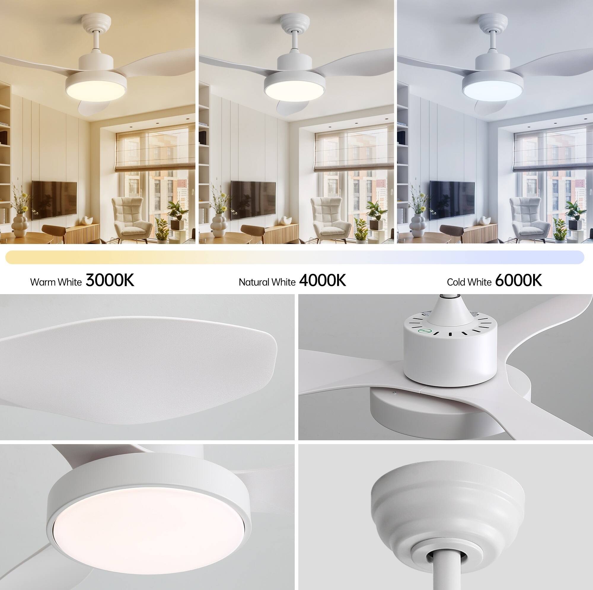 Warm White 3000K  
Natural White 4000K  
Cold White 6000K