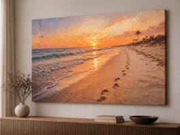 FC Design - Large Canvas 24x36" Ready-to-Hang 24x36" Sunset Beach Footprints Art Painting Home Wall Décor - MultiColor