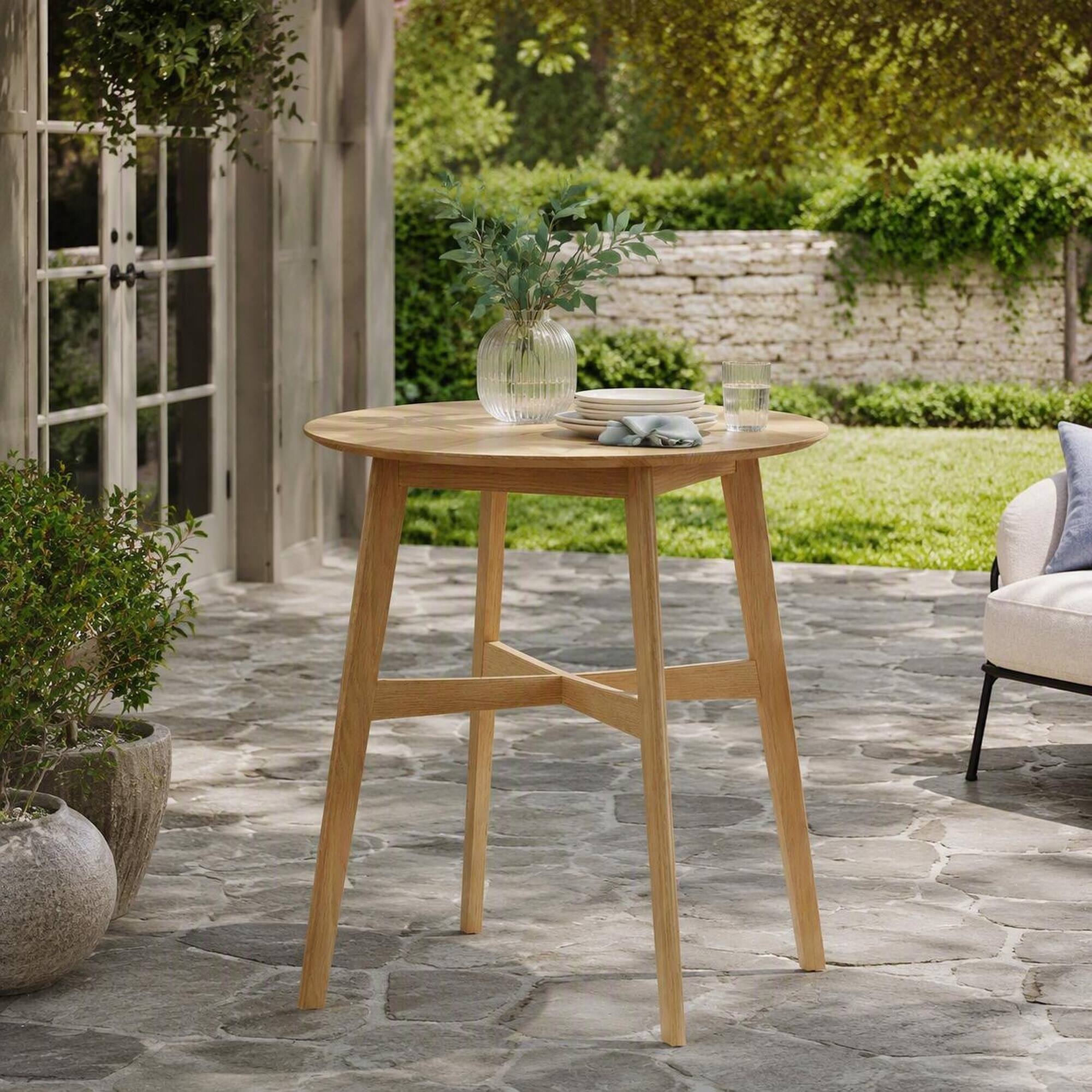 Angle. RYHNUYNE - 35.4" High Natural Round Wooden Bar Table, Counter Height Dining Table for Kitchen, Dining Room & Home Bar - Natural.