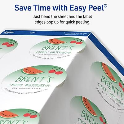 Save Time with Easy Peel®  
Just bend the sheet and the label edges pop up for quick peeling.

AVERY  
BRENT'S  
CHERRY WATERMELON  
COLD-PRESSED JUICE  
100% Organic  
1202/355ml