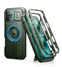 dexnor - for iPhone 16 Plus Case with Slide Camera Cover & Adjustable Kickstand & Built-in Screen Protector - Army Green