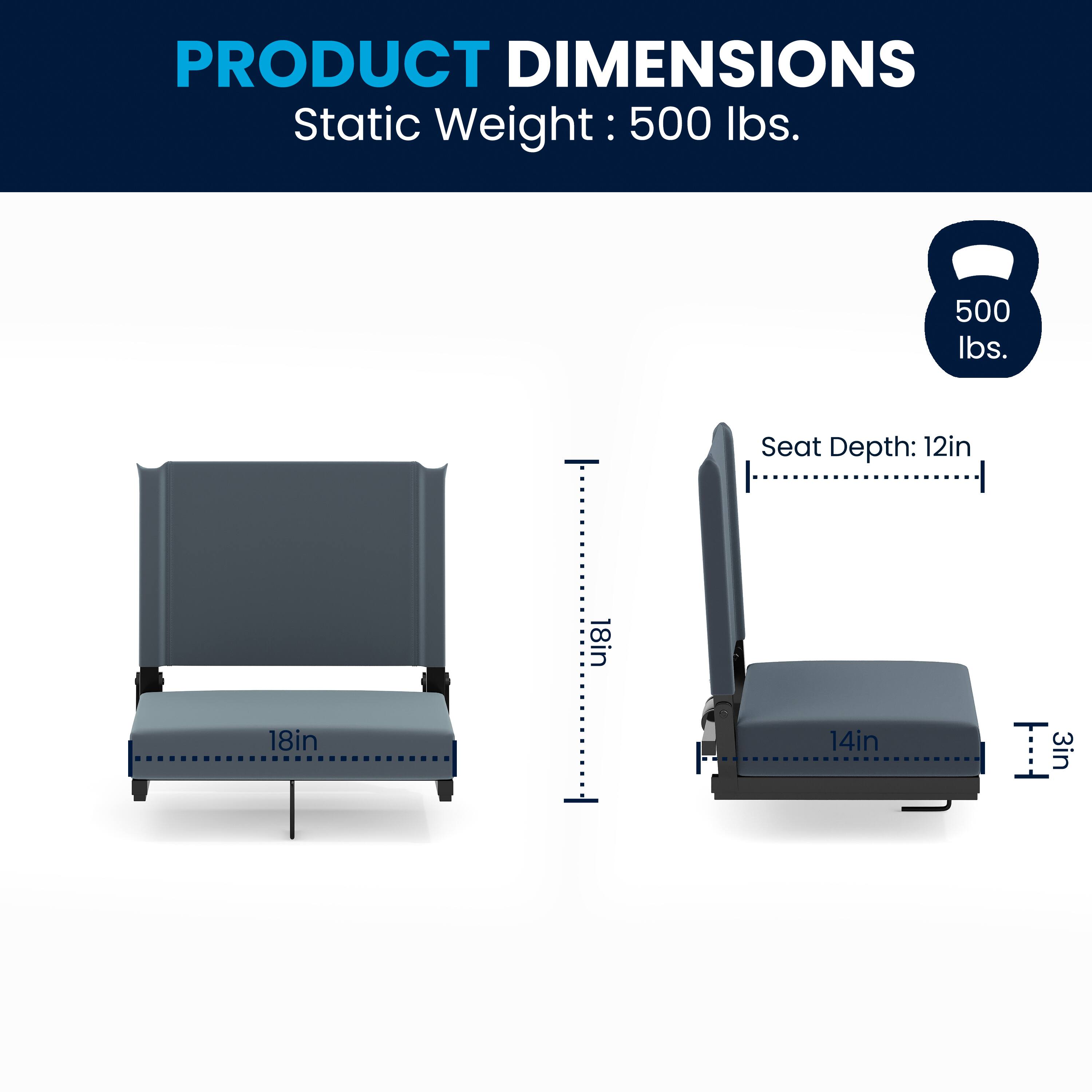 PRODUCT DIMENSIONS  
Static Weight: 500 lbs.  
Seat Depth: 12in  
Width: 18in  
Height: 18in  
Length: 14in  
Seat Height: 3in